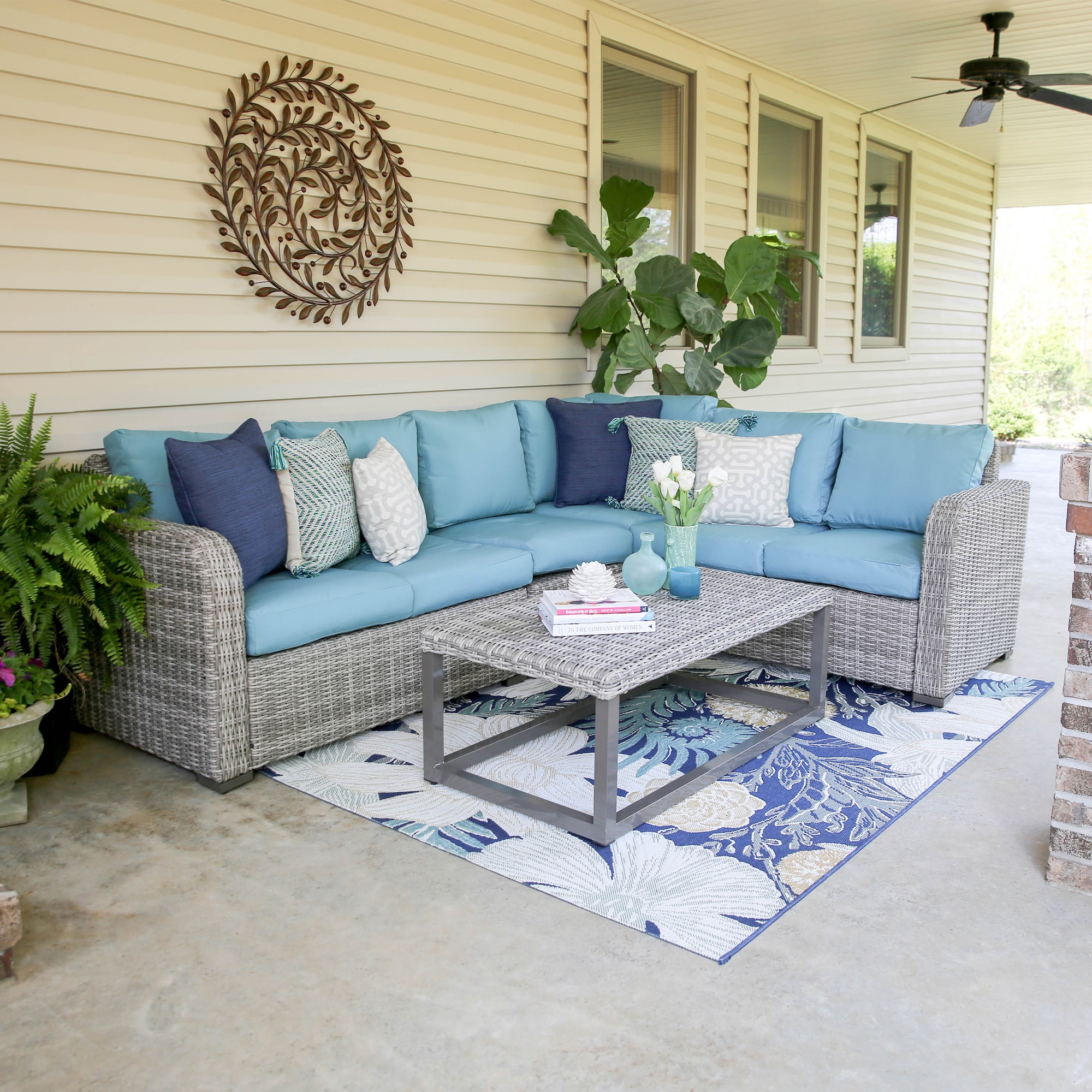 Leisure Made 299231-BLU Forsyth 5-Piece Wicker Patio Conversation Set with Blue Cushions