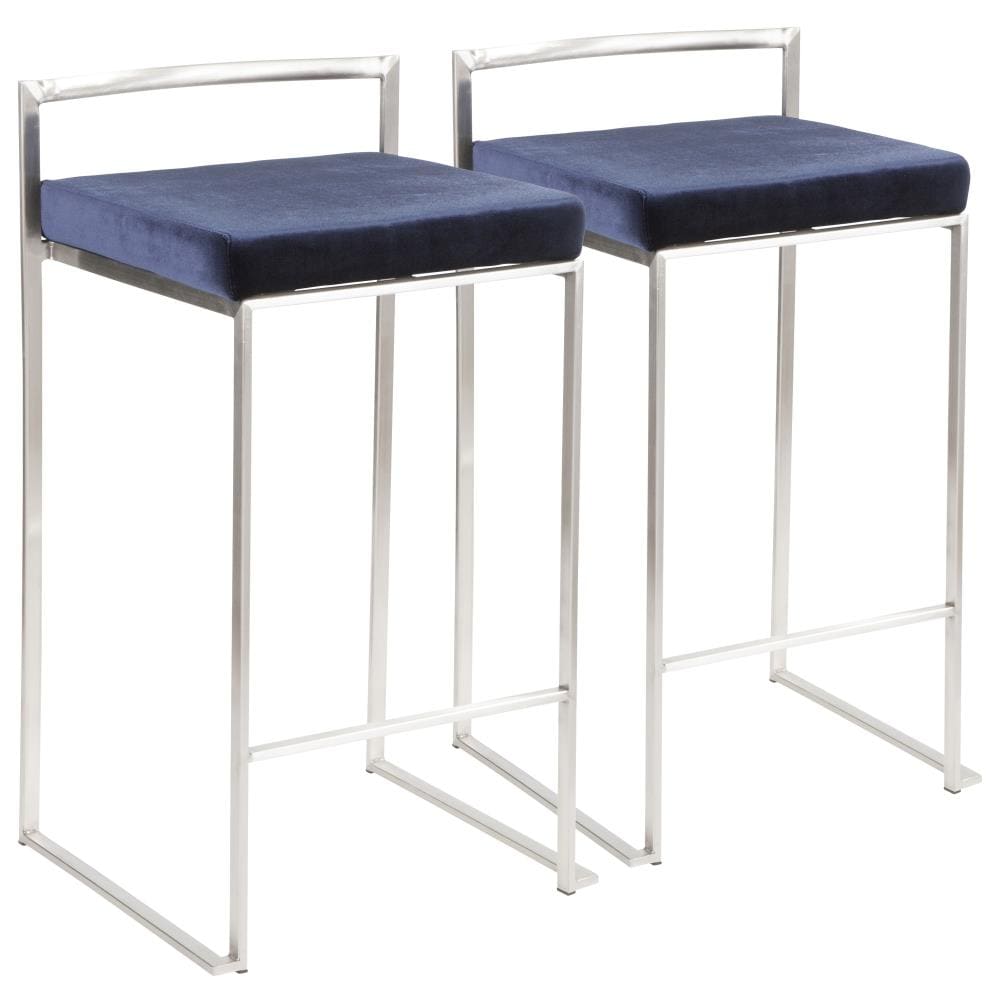 LumiSource B26-FUJI VBU2 Fuji Set of 2 Stainless Steel, Blue 31-in H Bar height Upholstered Stackable Metal Bar Stool