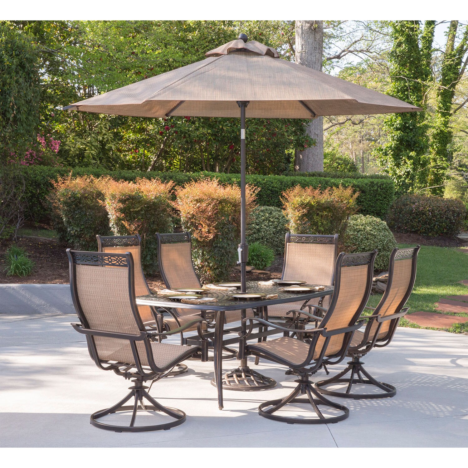 Tan and Bronze 7-Piece Outdoor Dining Set with Swivel Rockers