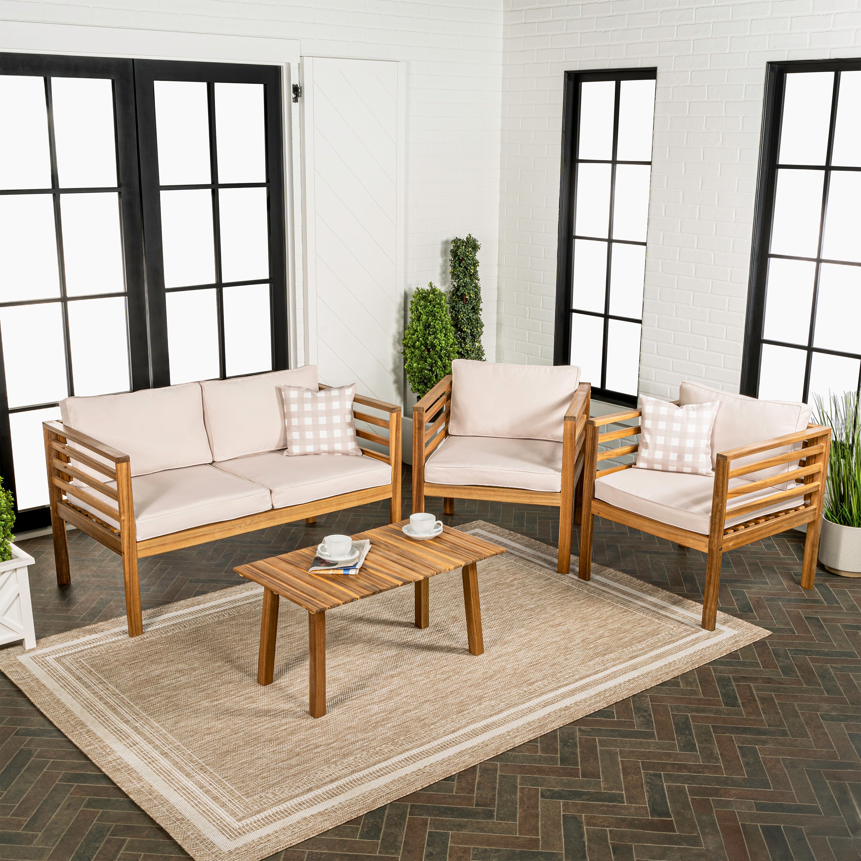 Thom 4-Piece Beige and Teak Acacia Wood Outdoor Patio Set