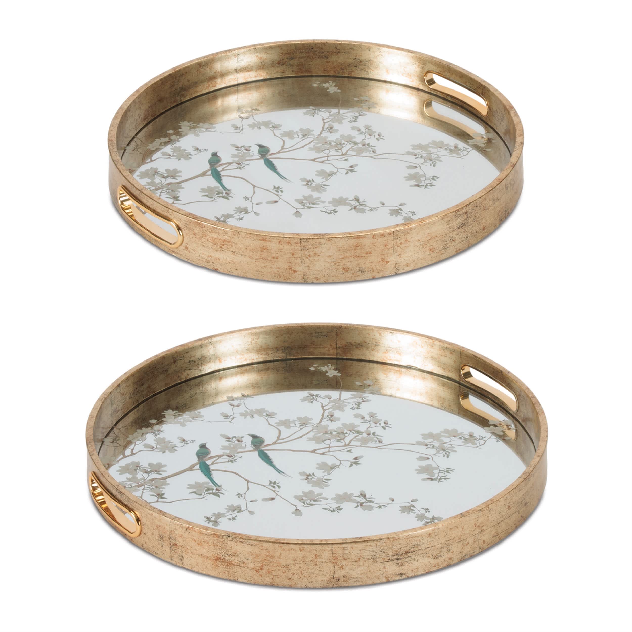Melrose International Bird and Floral Etched Mirror Tray (Set of 2) #11145DS