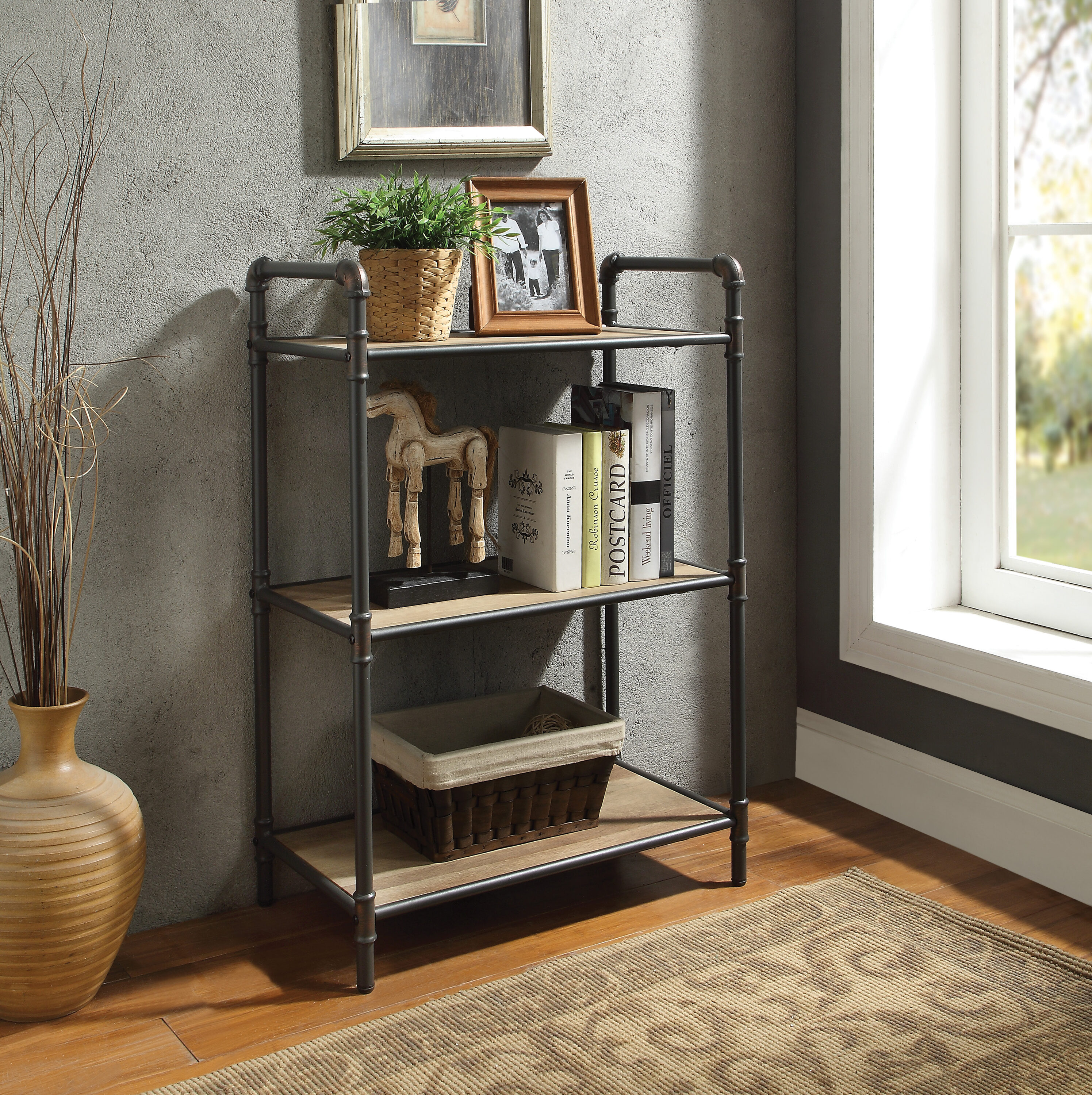 LOVMOR SF-Y-B2726P262956 Itzel Antique Oak and Sandy Gray Finish Bookshelf