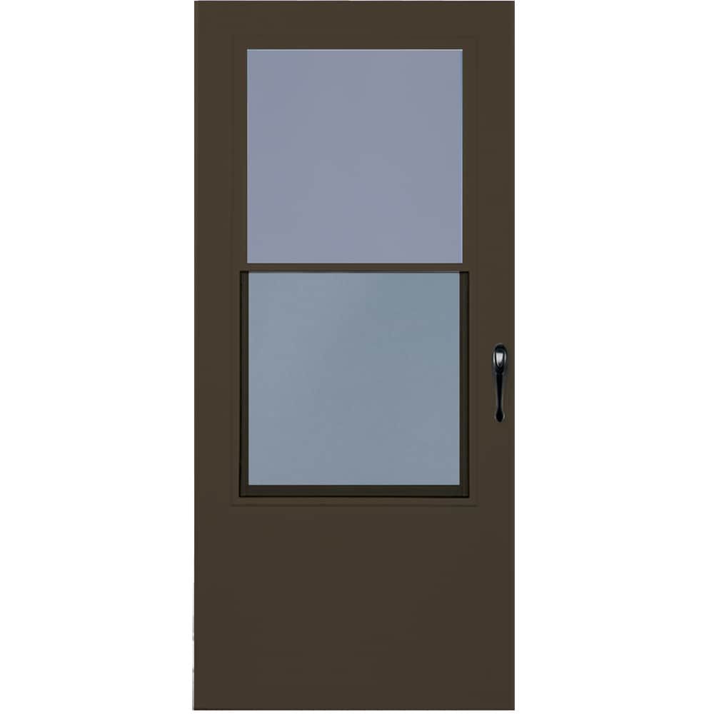 LARSON 58008042 Bismarck 36-in x 81-in Brown Wood core Reversible Hinge Storm Door Mid-view with Self-storing Screen ( Black Handle Included )