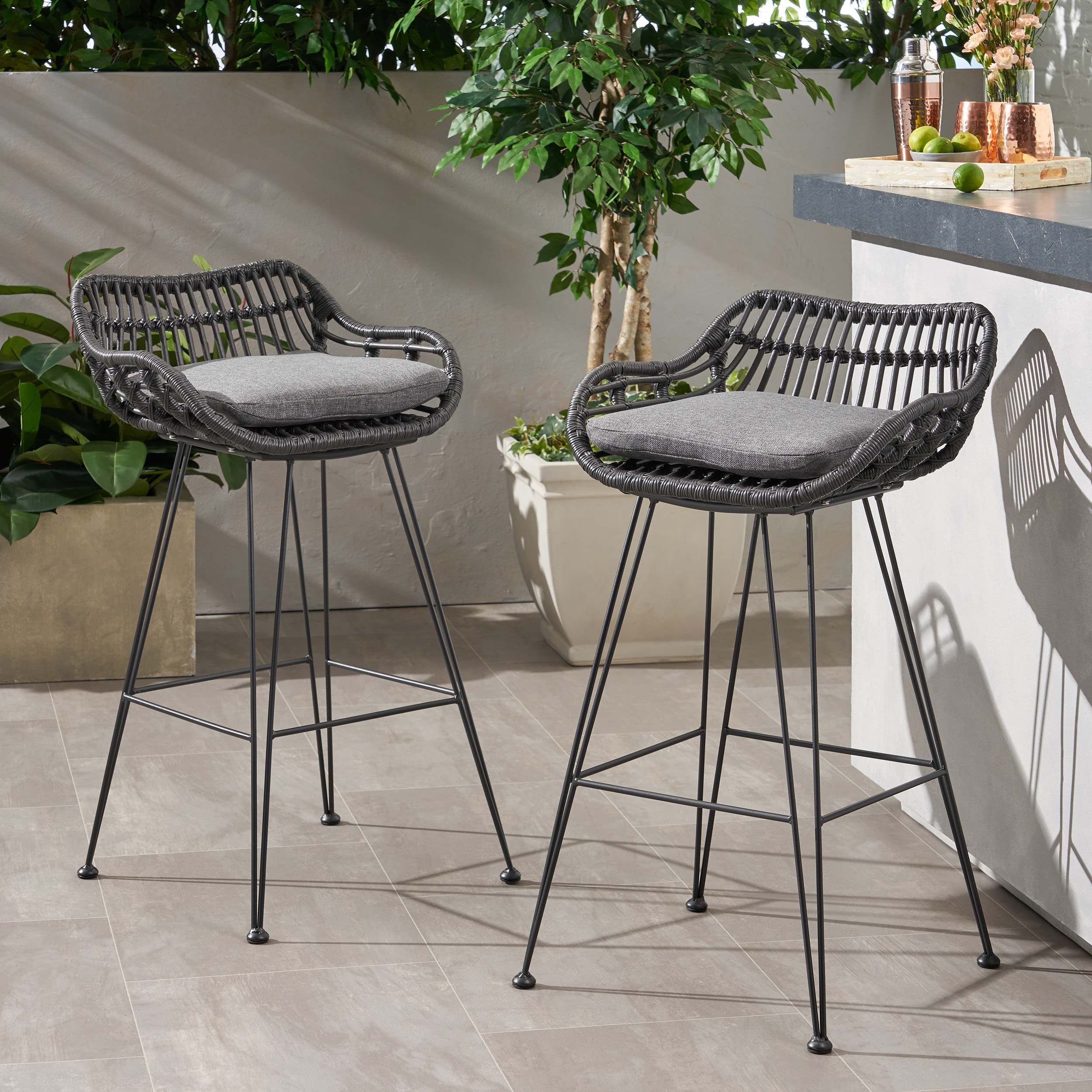 Best Selling Home Decor 309983 Dale Set of 2 Wicker Gray Iron Frame Stationary Bar Stool Chair with Gray Cushioned Seat