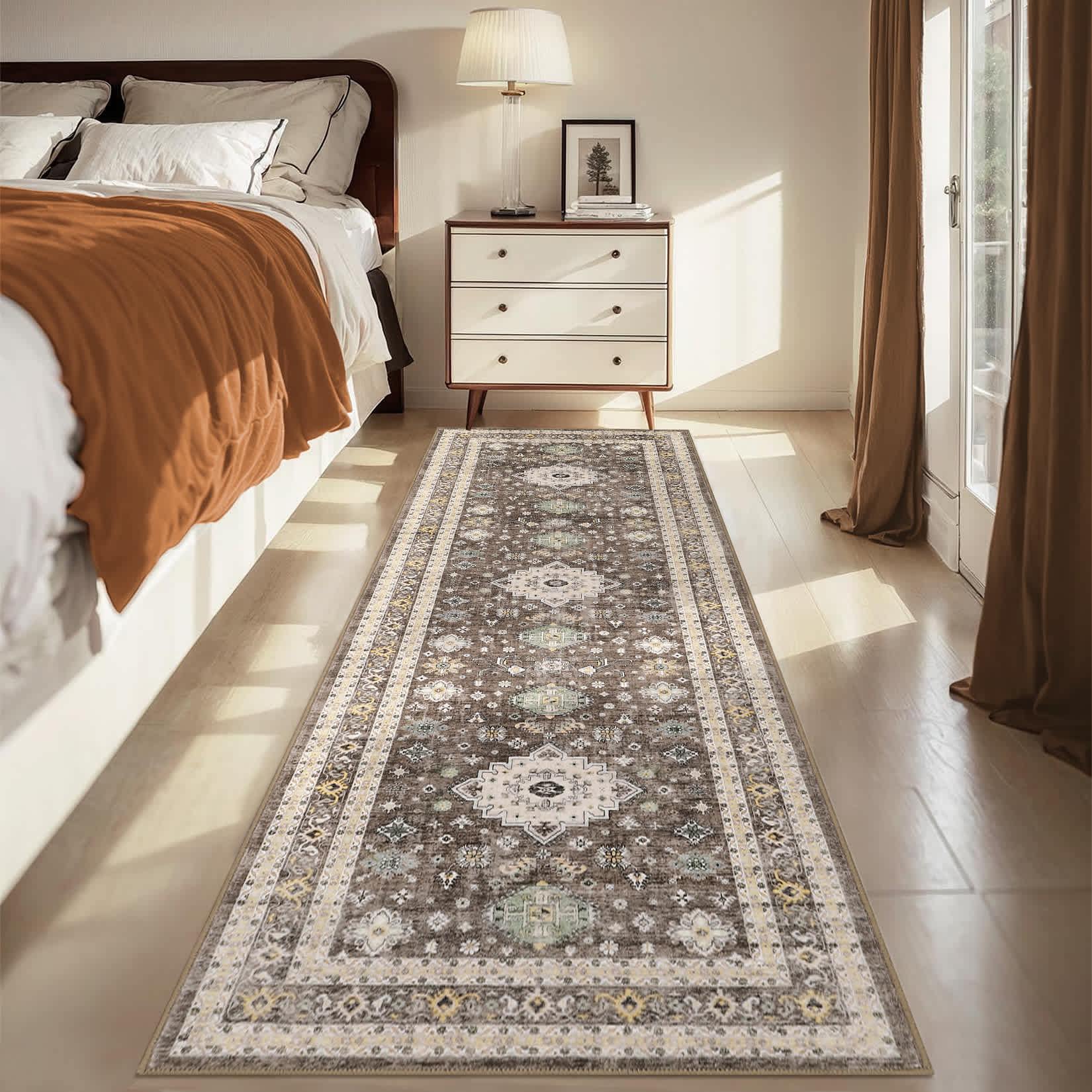 Qeetex LSN-PHO-33RNWA4P 2 x 6 ft Polyester Cashmere Brown Rectangular Hallway Bathroom Entryway Kitchen Office Foldable Flower Printed Persian Washable Area Rug