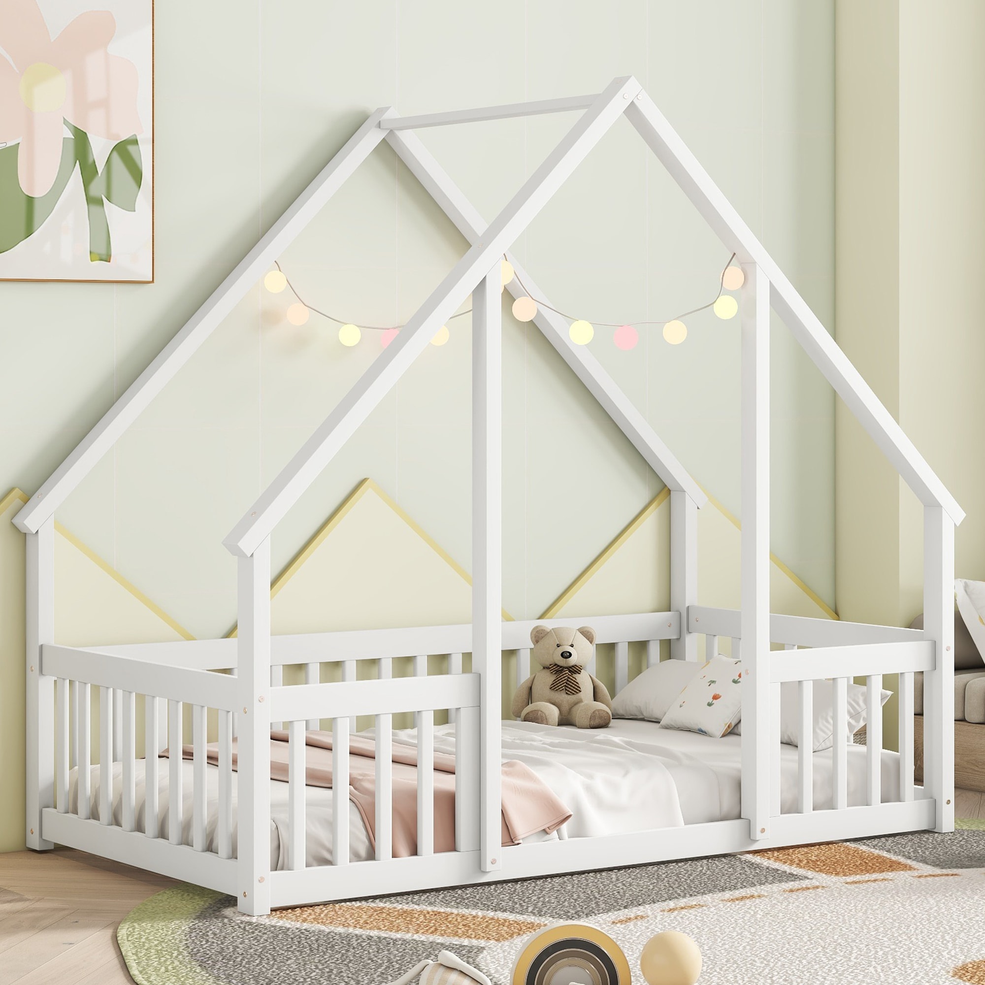 GDFStudio Barretton Montessori-inspired Farmhouse Wood House-Shaped Frame Low-Profile Floor Bed with Guardrails - Twin - White