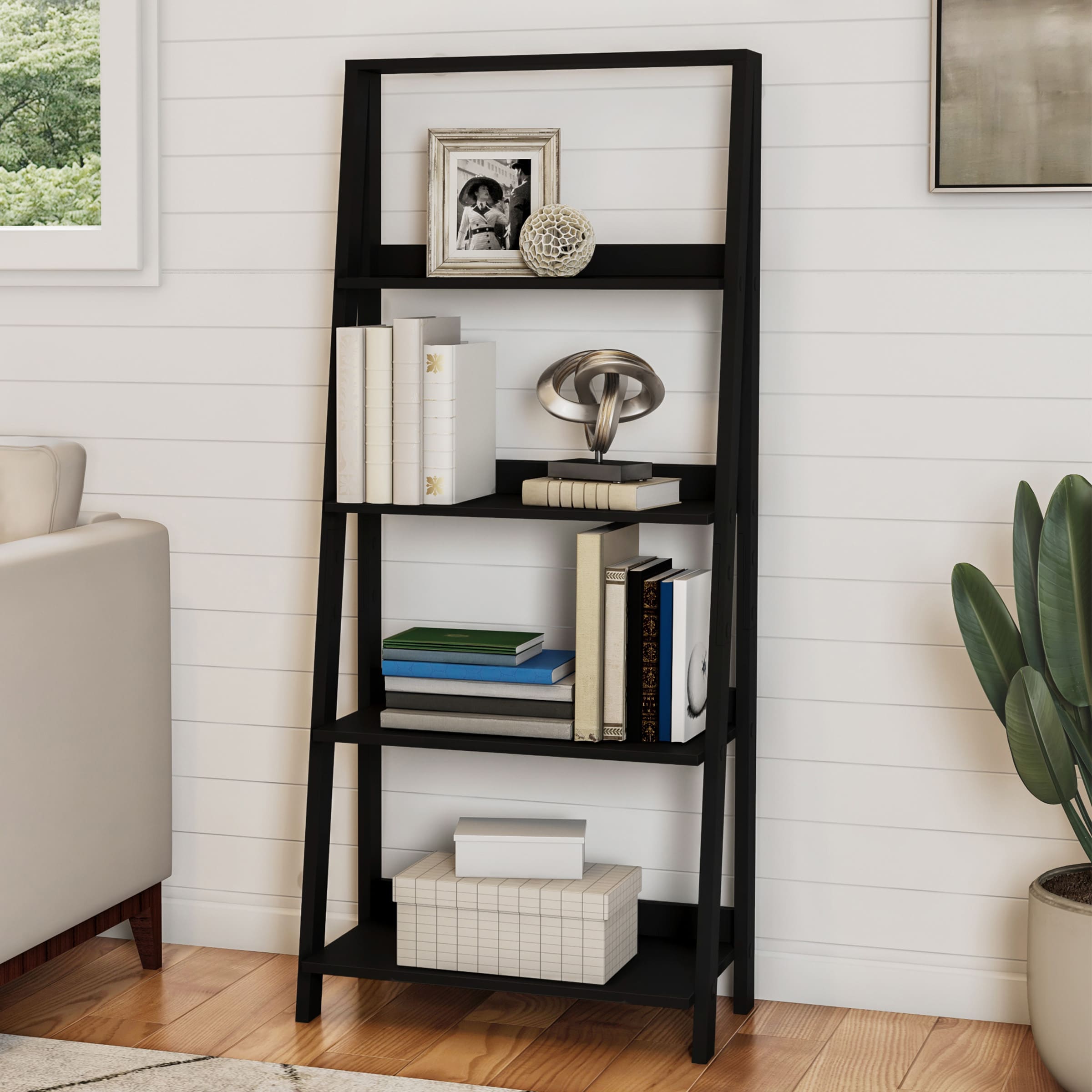 Lavish Home 80-SHF-5-BLK Black MDF 4 -Shelf Ladder Bookcase ( 13-in W x 55.25-in H x 24-in D ) Painted