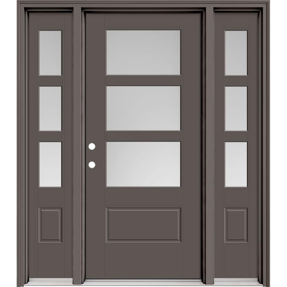 Masonite 630504 Performance Door System 64-in x 80-in x 4-9/16-in Fiberglass 3/4 lite Right-hand inswing Timber Gray Painted Prehung Front Door with Sidelights with Brickmould Insulating core with Grilles