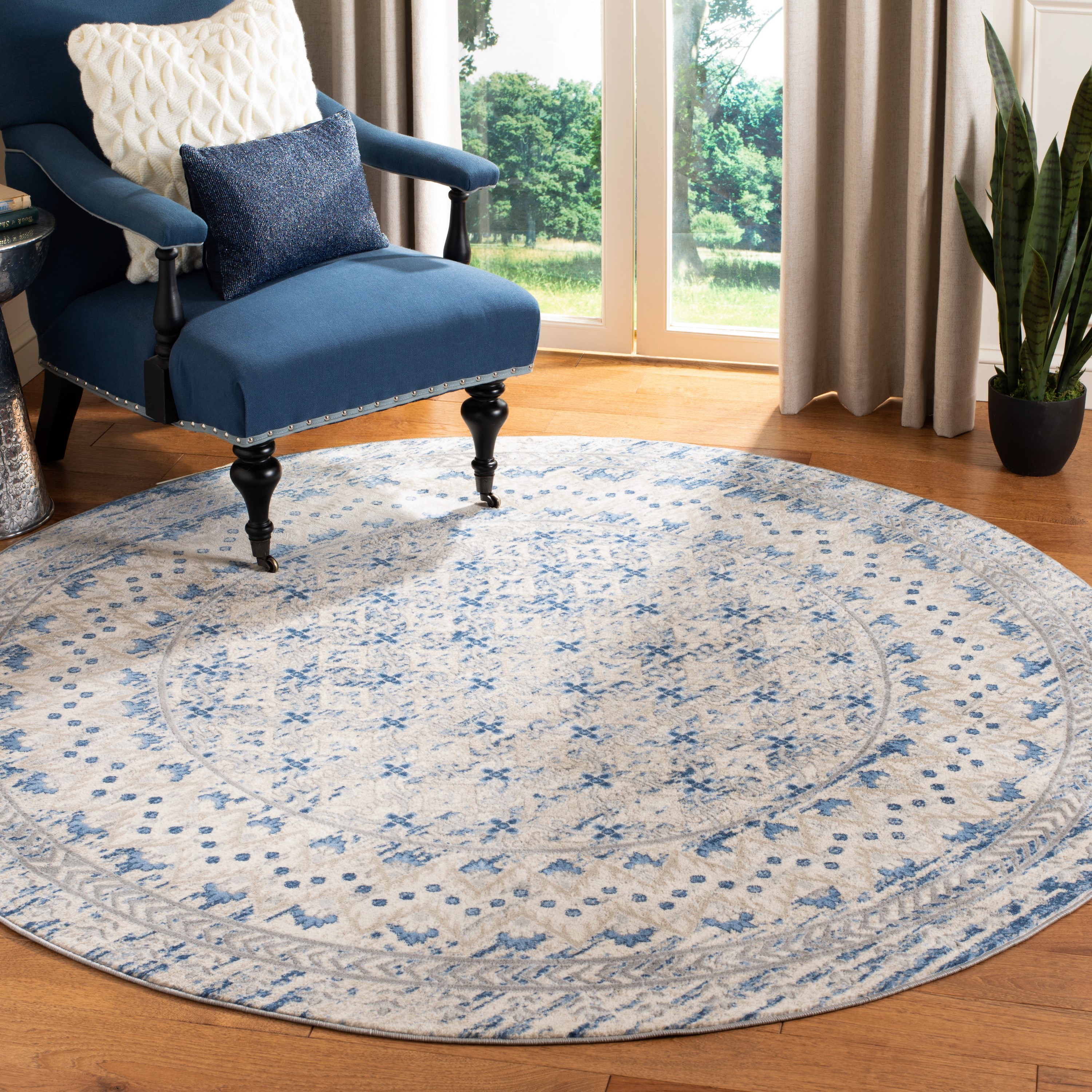 Light Gray and Blue Round Stain-Resistant Synthetic Area Rug