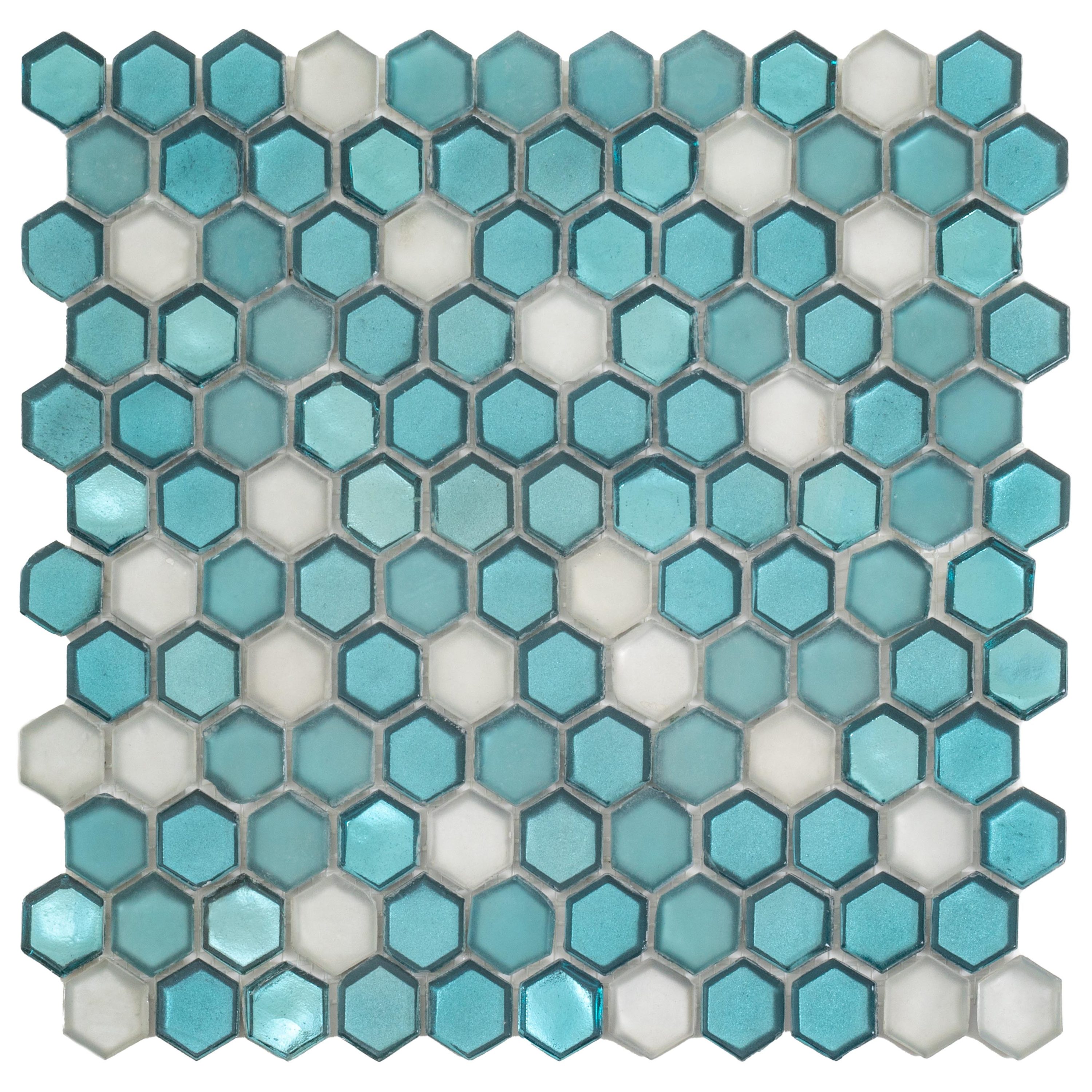 11" x 12" Blue and White Glass Hexagon Mosaic Tile