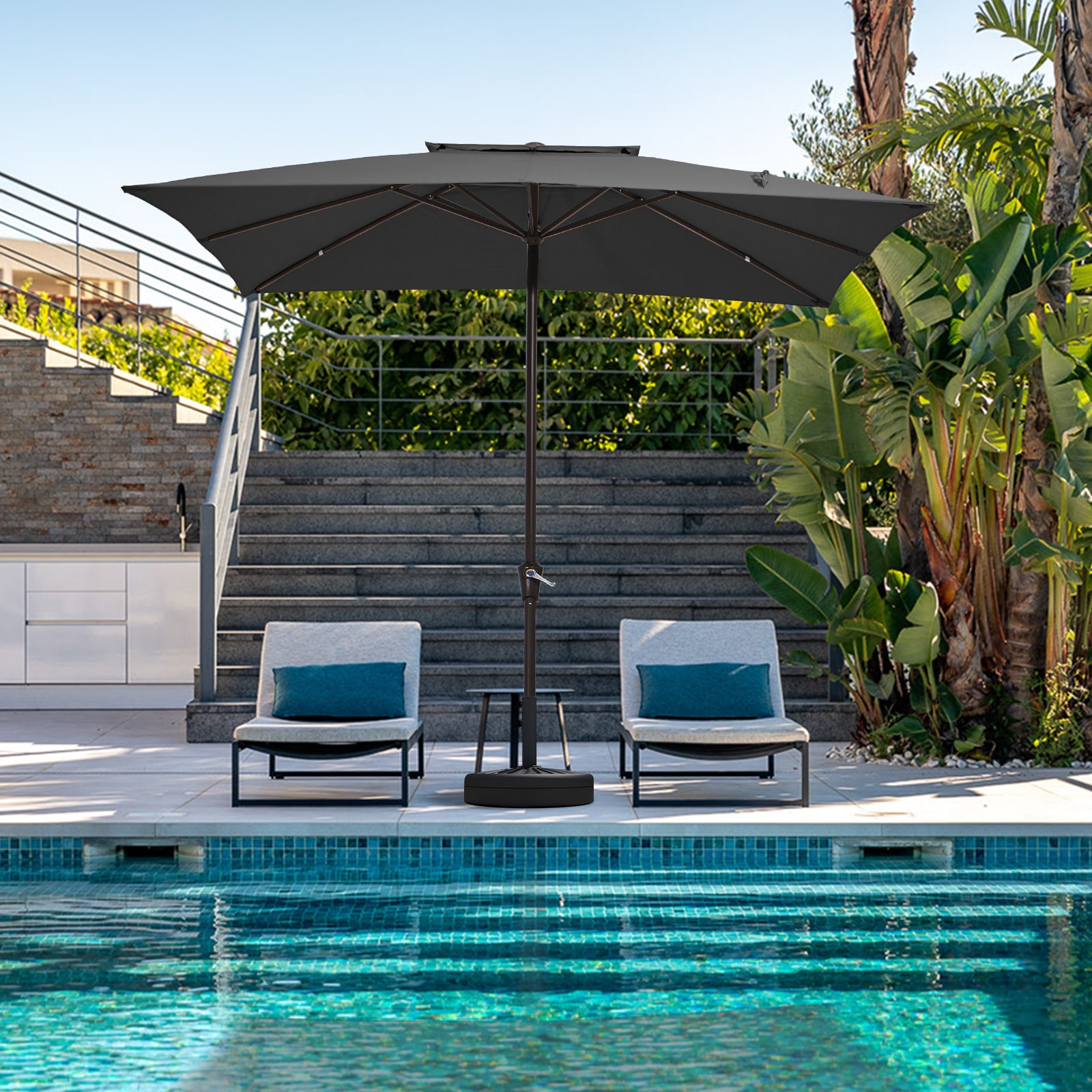 cantilever offset patio umbrella solar led Outdoor Umbrellas with Tilt, 10FT Solar LED Offset Patio Umbrella with 32  Led Lights, Hanging Cantilever Market Patio Umbrella w/ Crank, Cross Base,  Backyard Offset Umbrella for Garden Pool Deck,L6081
