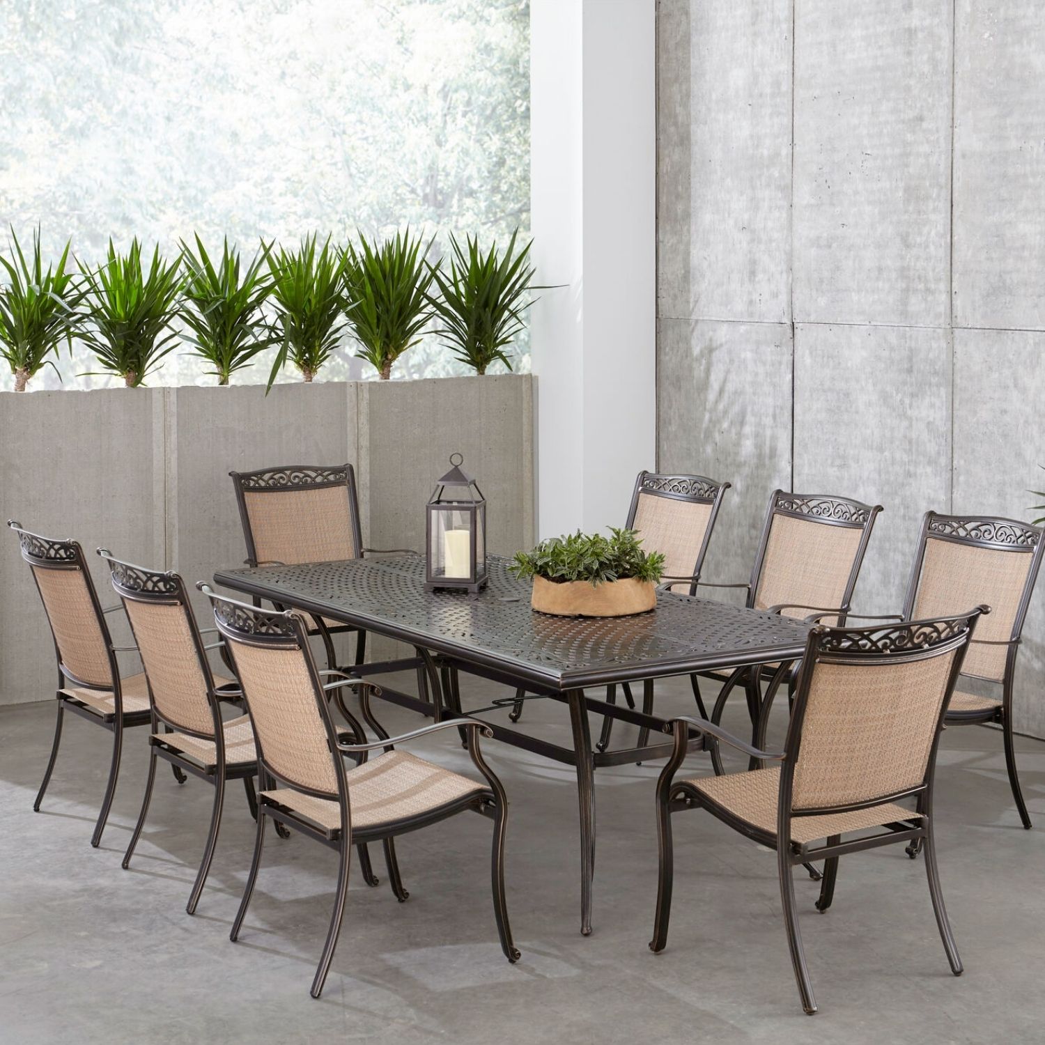 Hanover FNTDN9PCC Fontana 9 -Piece Bronze Patio Dining Set Aluminum Rectangle Table with 8 Tan Stationary Chairs
