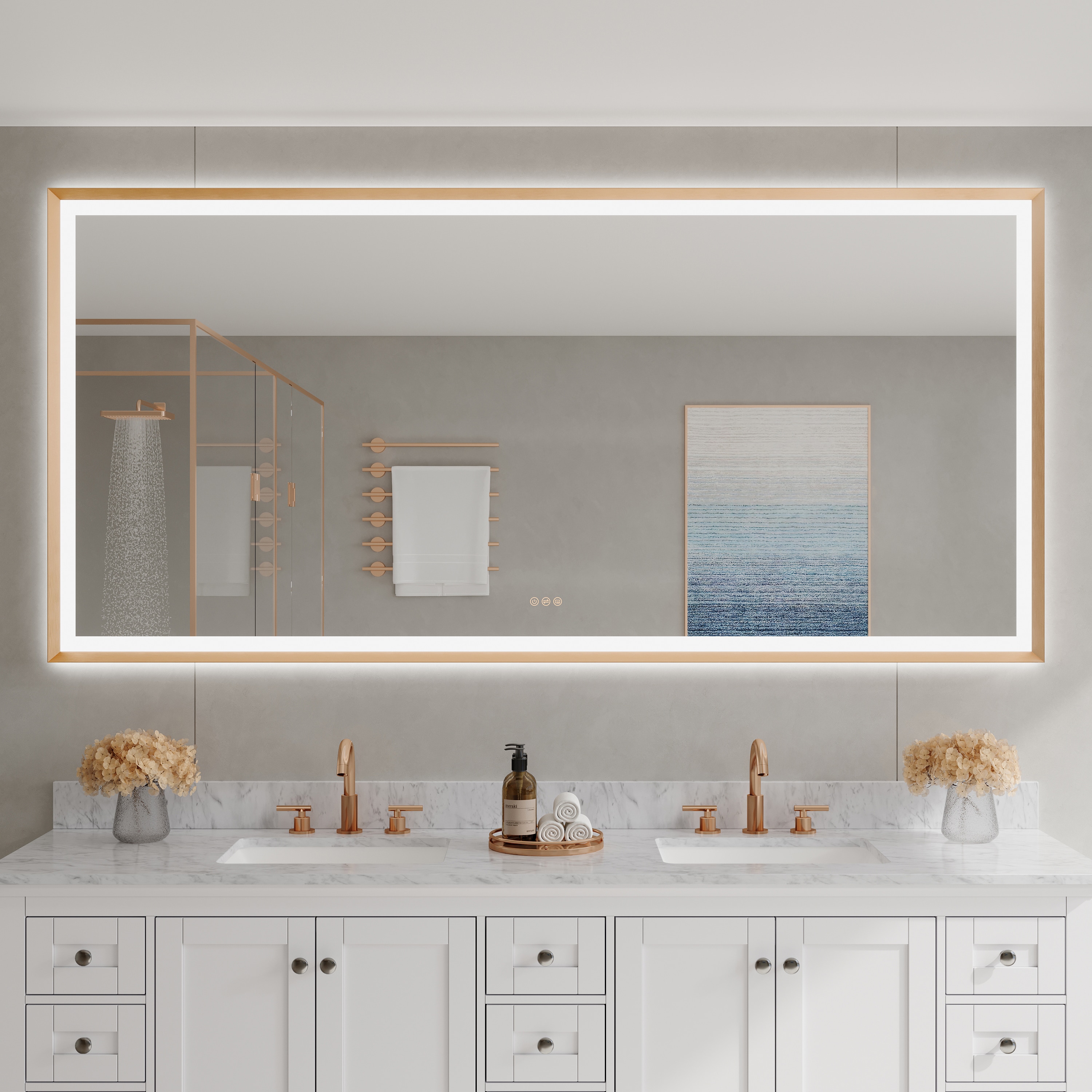 CALVON CLW68440BG Liora Framed LED Mirror 84-in x 40-in Framed Rectangle Dimmable LED Lighted Fog Free Bathroom Vanity Mirror ( Gold )