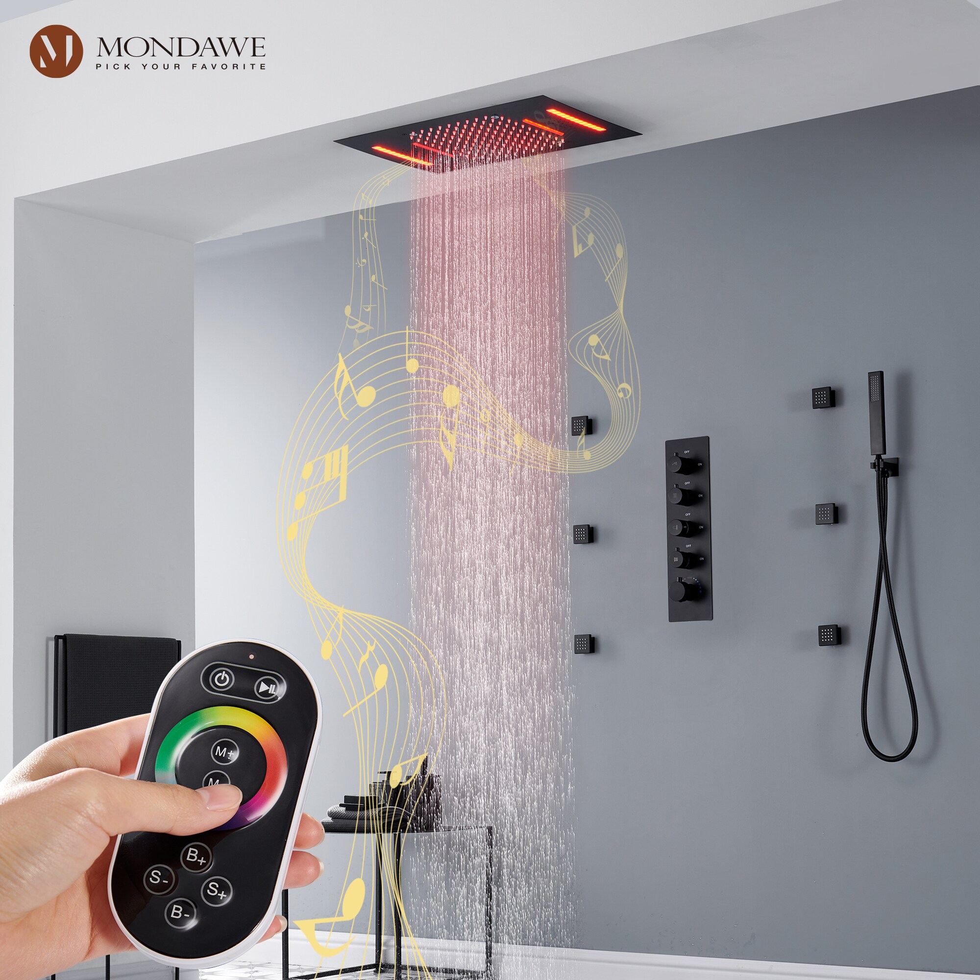 Rain Shower System with LED Shower Head Thermostatic Valve