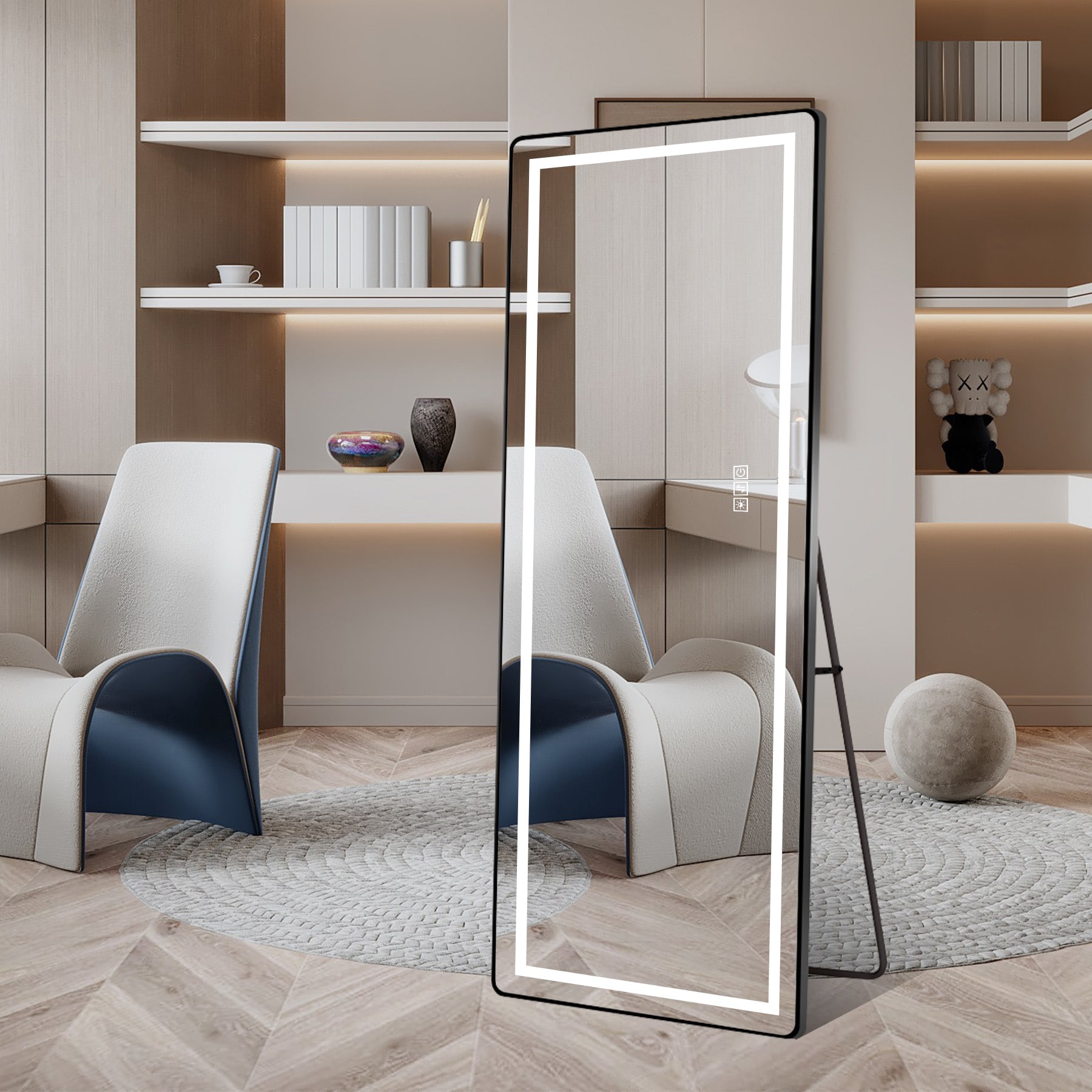 Boyel Living 64 by 21 Inch Full Length Vertical Mirror with LED Light Illuminated Floor Mirror with Bracket Black Thin Frame #BL-LH-05306