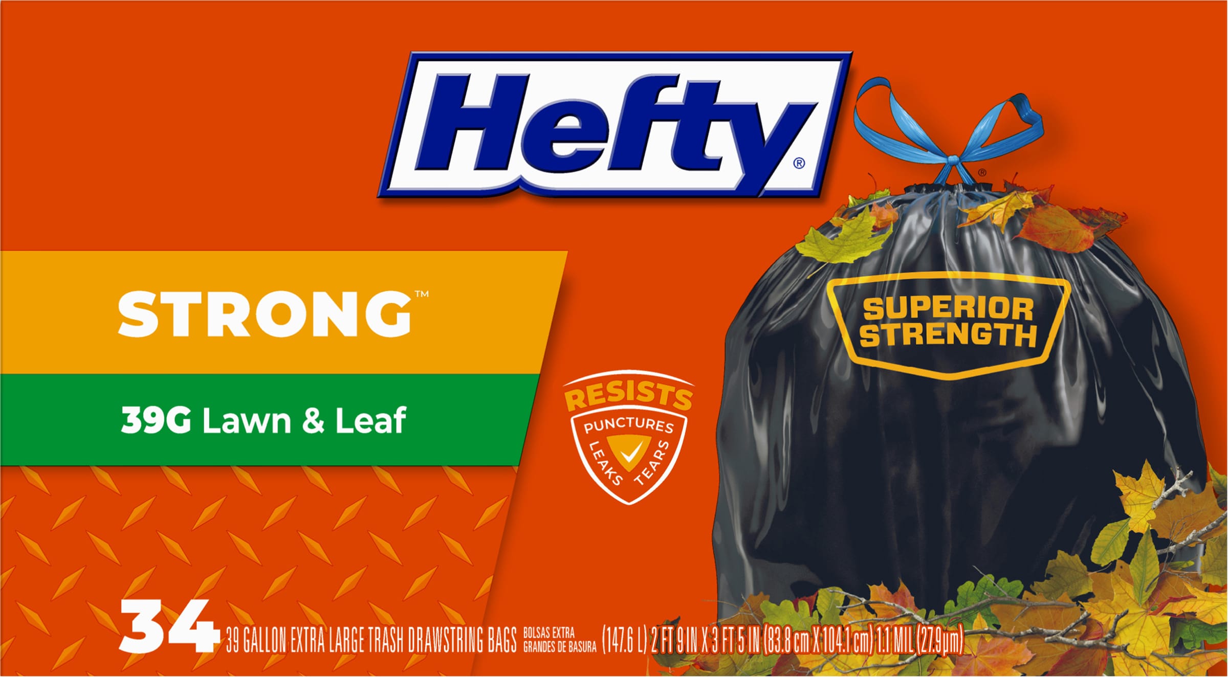 Hefty Strong Trash Drawstring Bags, Lawn & Leaf, Extra Large, 39 Gallon - 34 bags