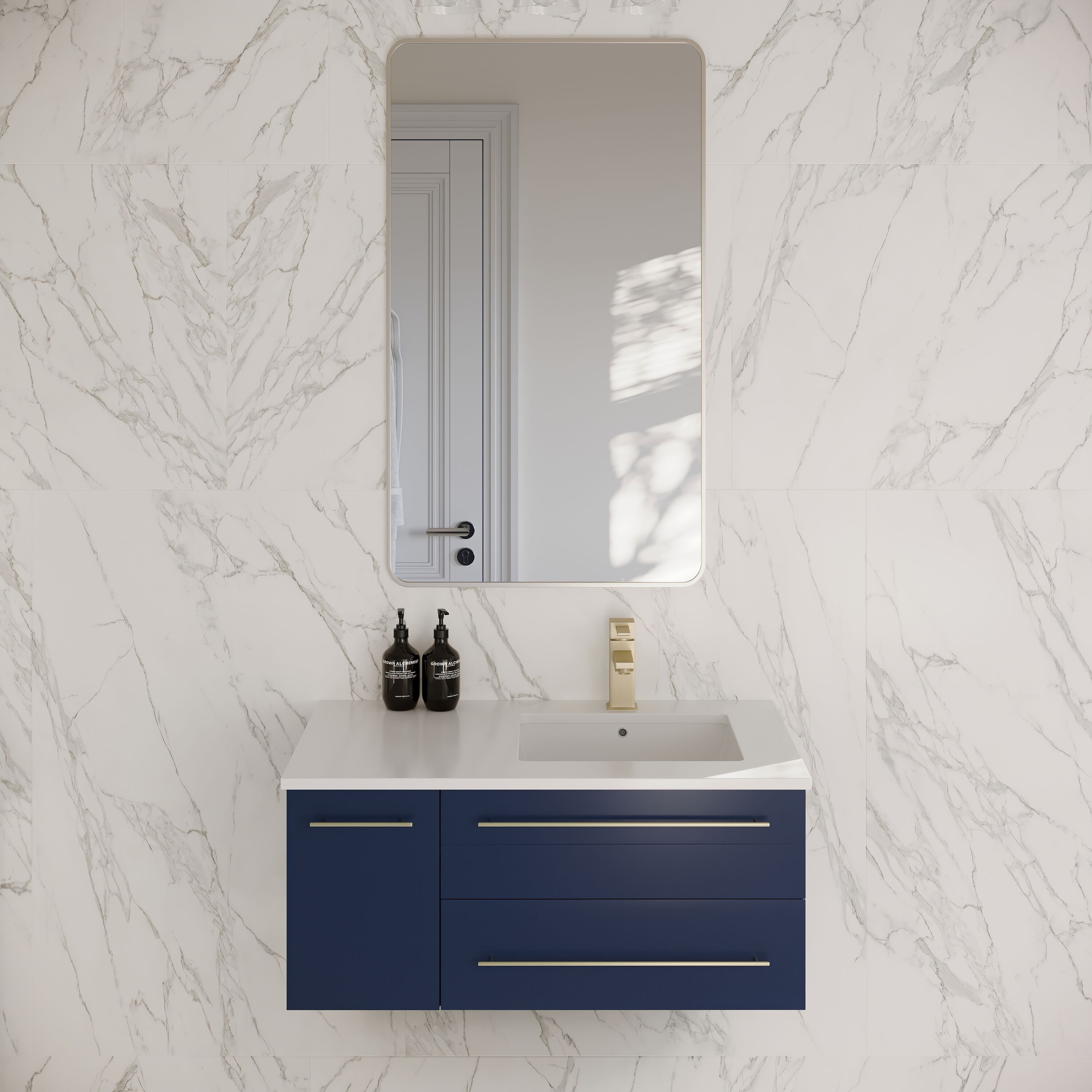 Fresca FCB6136RBL-UNS-RCWHU Lucera 36-in Royal Blue - RIGHT Undermount Single sink Floating Bathroom Vanity with White Quartz Top