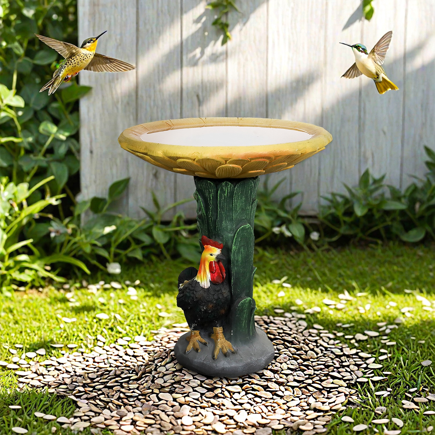 Watnature  Outdoor Concrete Bird Bath 23 Inch Sunflower Bowl with Leaf Pedestal Rooster and Chicken Garden Decor 20 Dia X 23 H