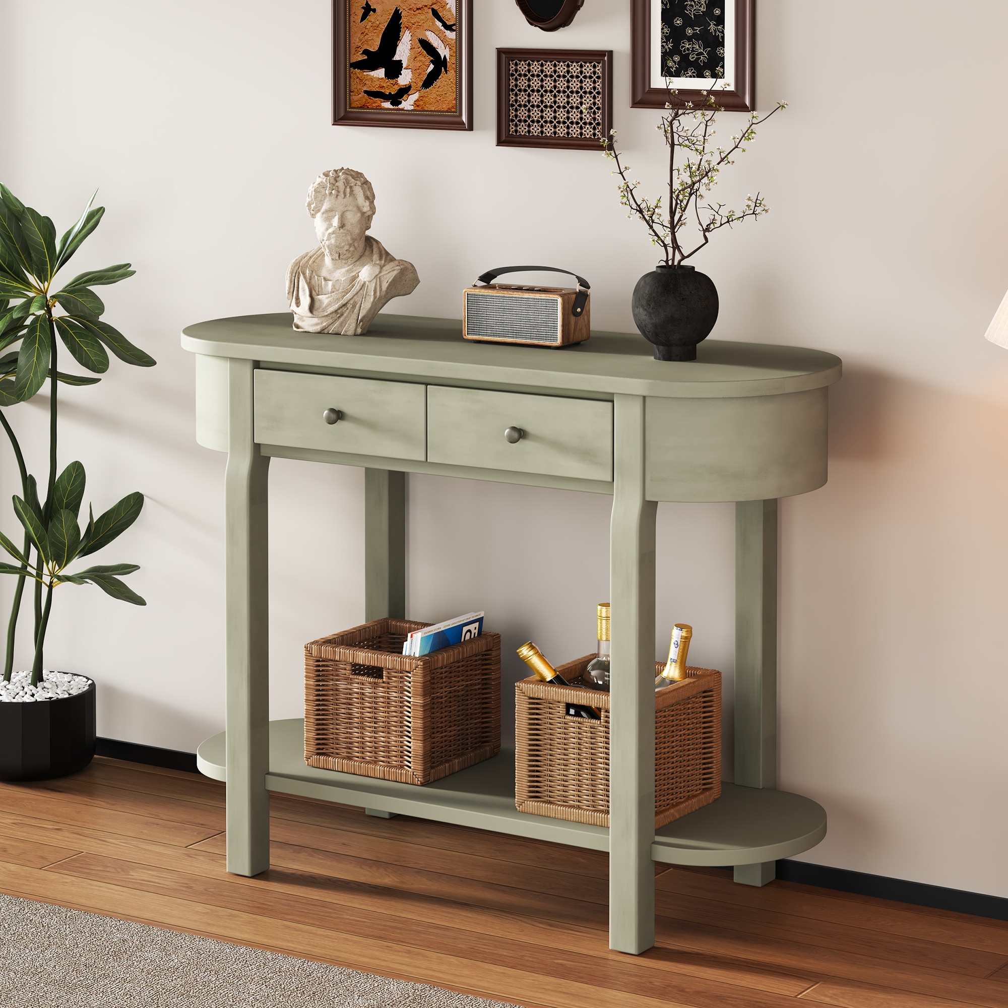 ModernLuxe N715P230796E Elegant Retro Console Table with Curved Design and Smooth Glaze for Entryways Living Rooms and hallways Grey