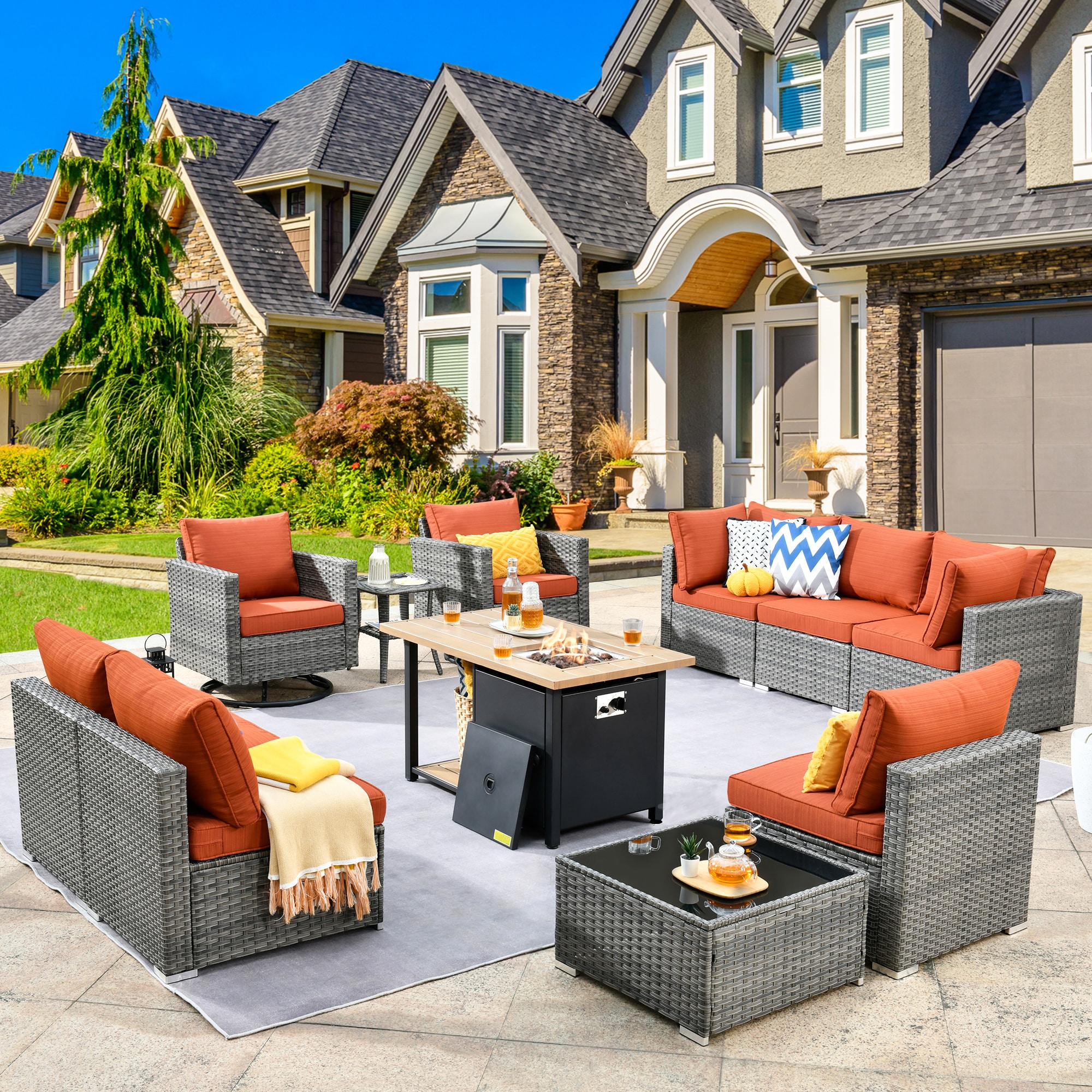 XIZZI XIHOPS806-RC3DFP Sunrise 11 -Piece Rattan Patio Sofa Conversation Set with Orange Cushions
