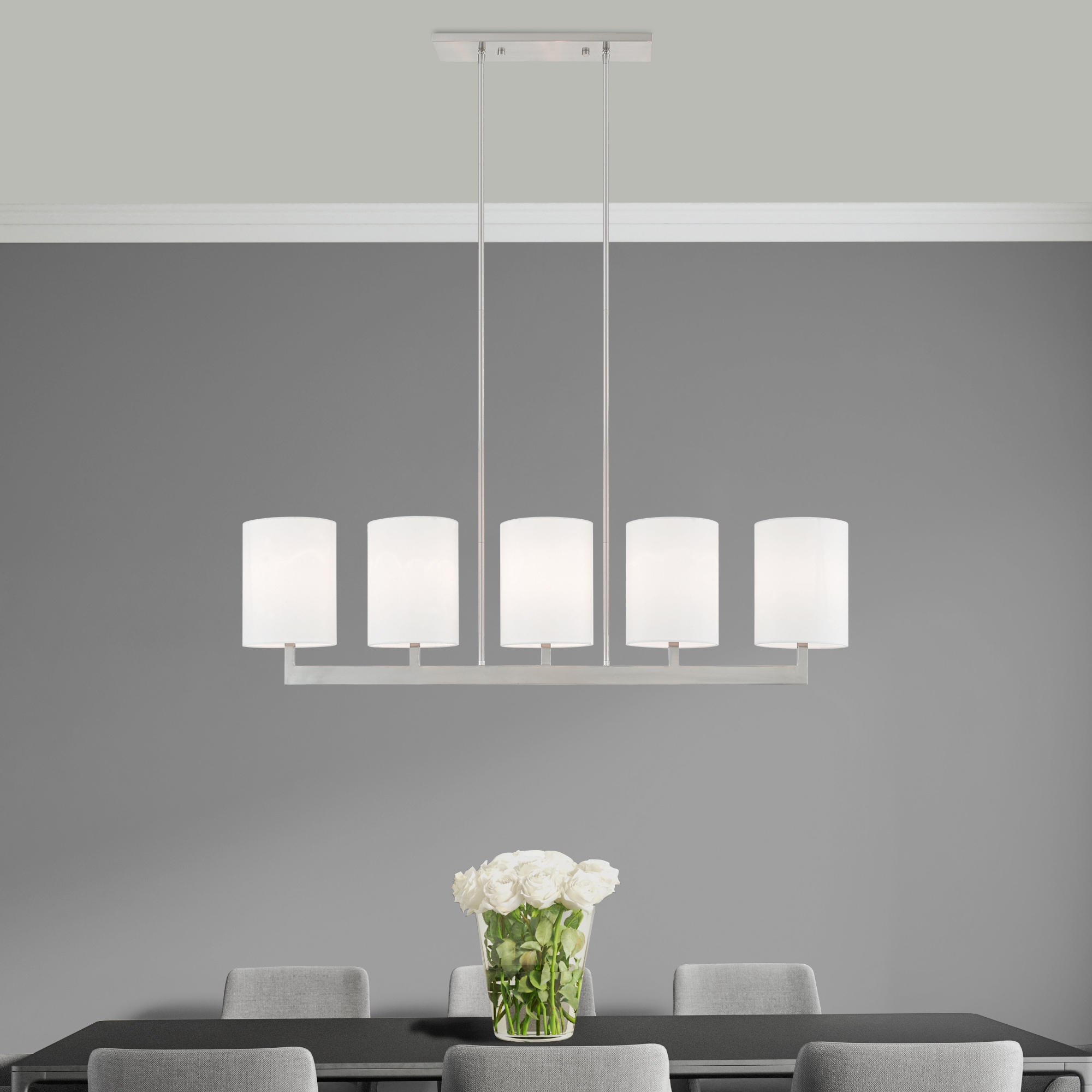 Contemporary Brushed Nickel 5-Light Linear Chandelier with Off-White Shades