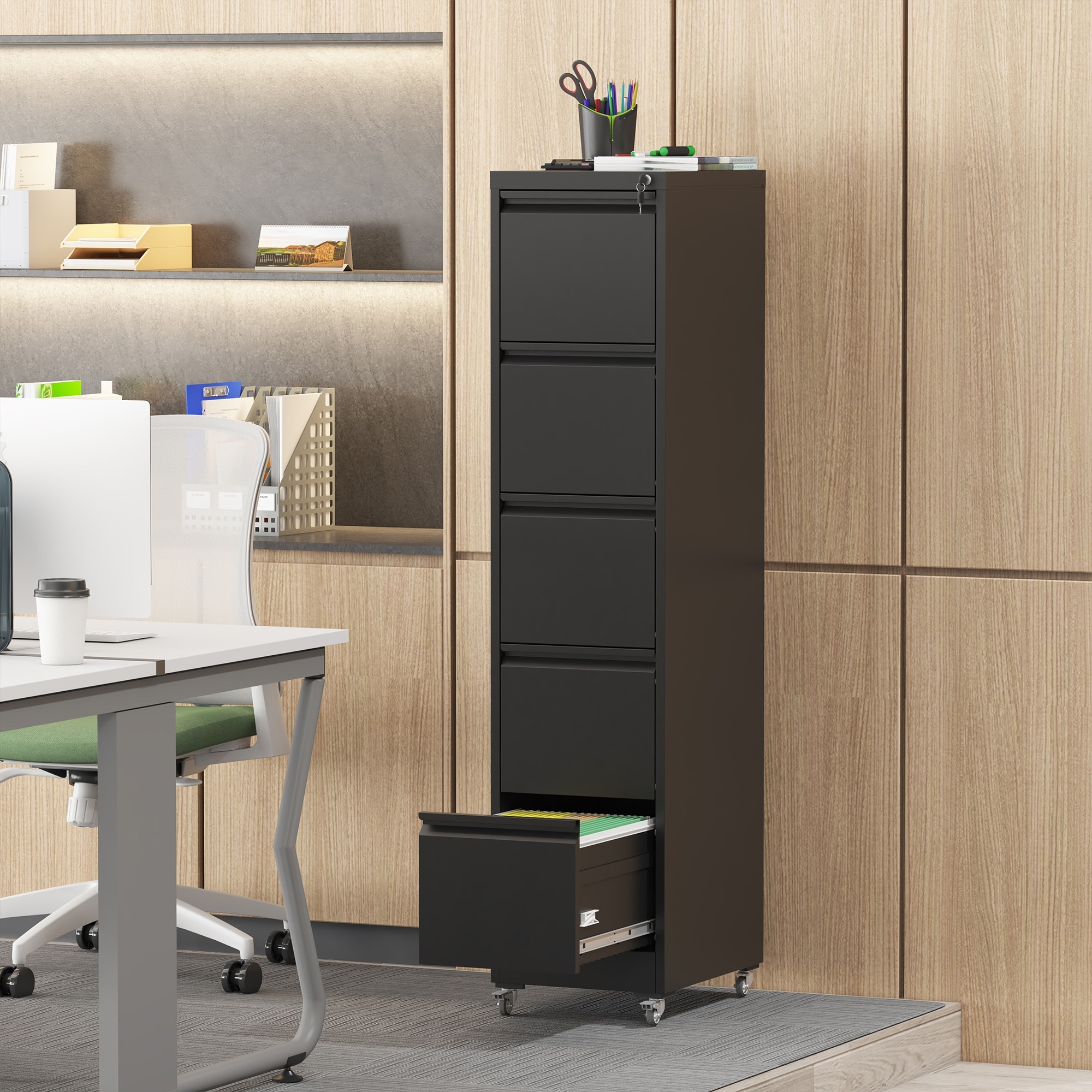 Boyel Living 5 Drawer Metal Vertical File Cabinet with Lock on Wheels Black Heavy Duty for Home Office A4 Letter Legal 17.71D 15.16W 64.17H