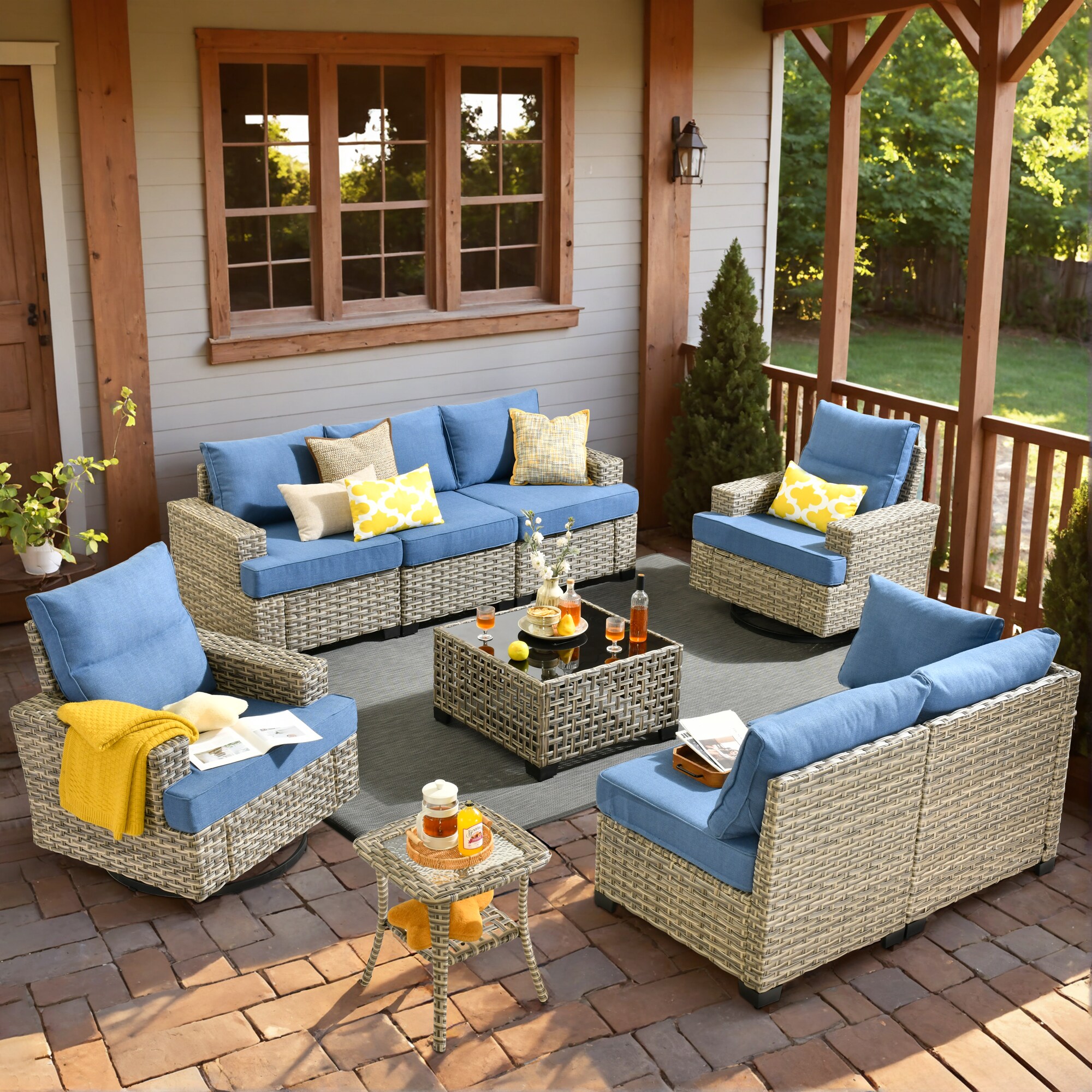 Pouuin STYZBS509 Wicker Outdoor Sectional with Light blue Cushions and Steel Frame