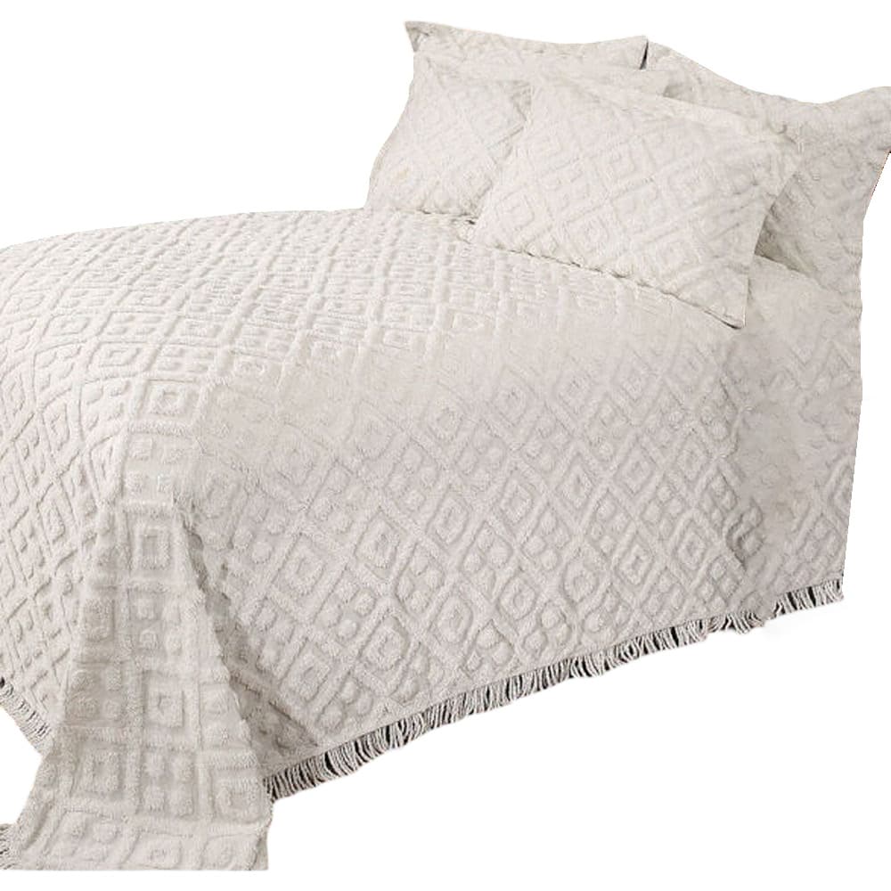 Slickblue White Cotton Chenille Textured Bedspread with Diamond Design for Full Size Master and Guest Bedroom Set