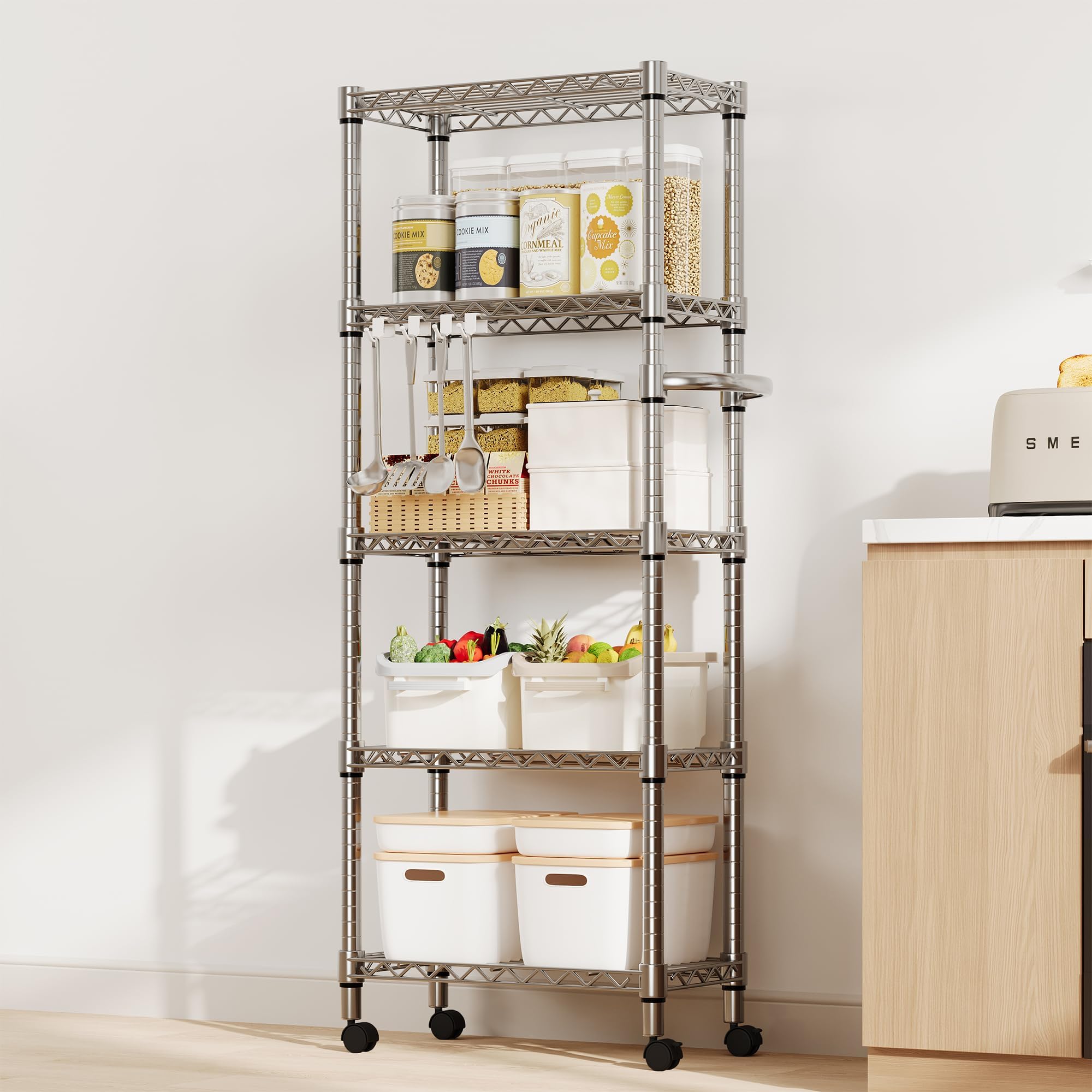 GarveeLife Heavy Duty Metal Display Rack 5Tier Storage Shelving Unit with Lockable Wheels 1100 lbs Capacity Wire Organizer for Retail Kitchen Garage Easy Assembly Silver Color #ICY260524
