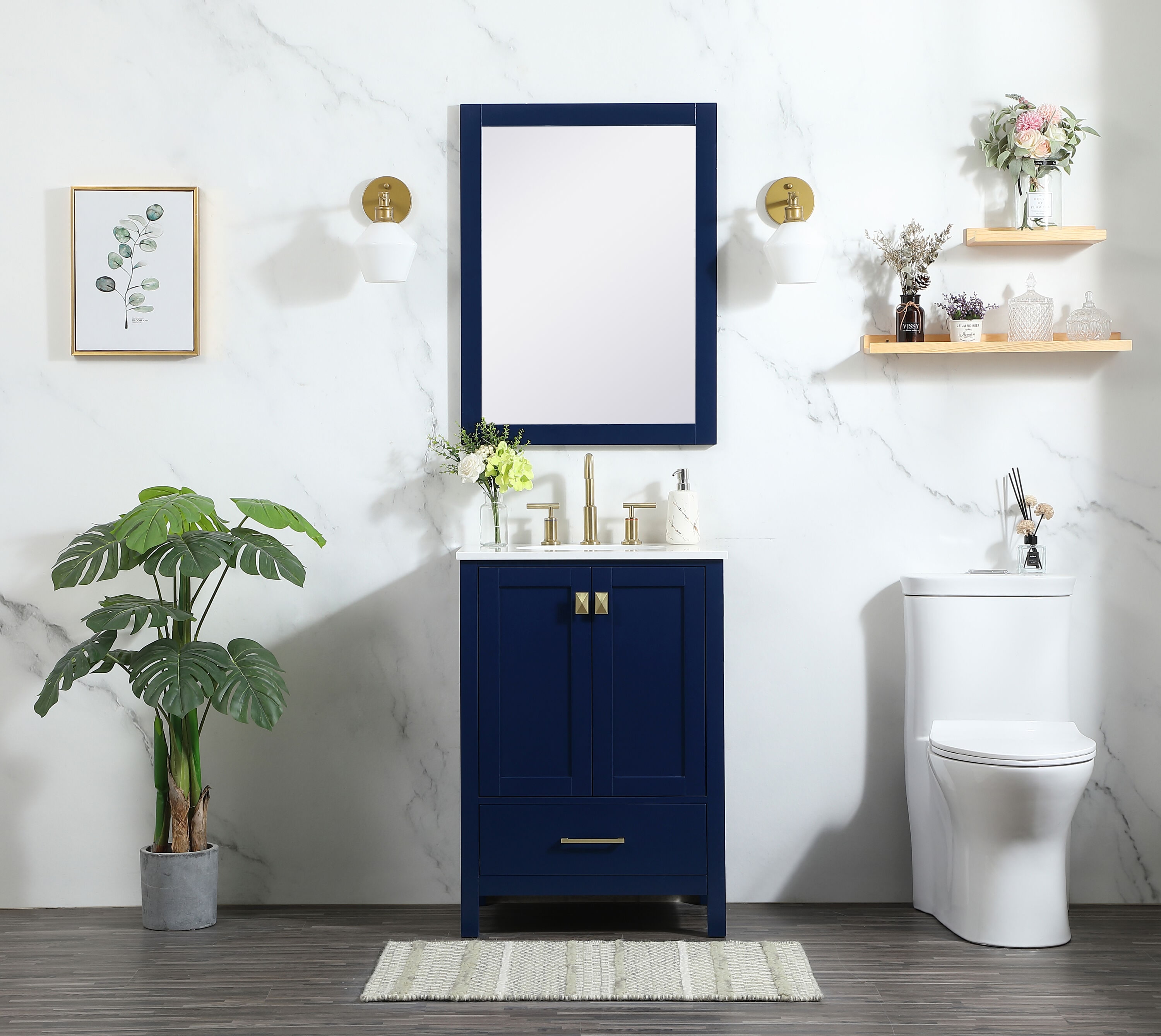 Blue MDF Single Bathroom Vanity with Gold Pulls and Quartz Top