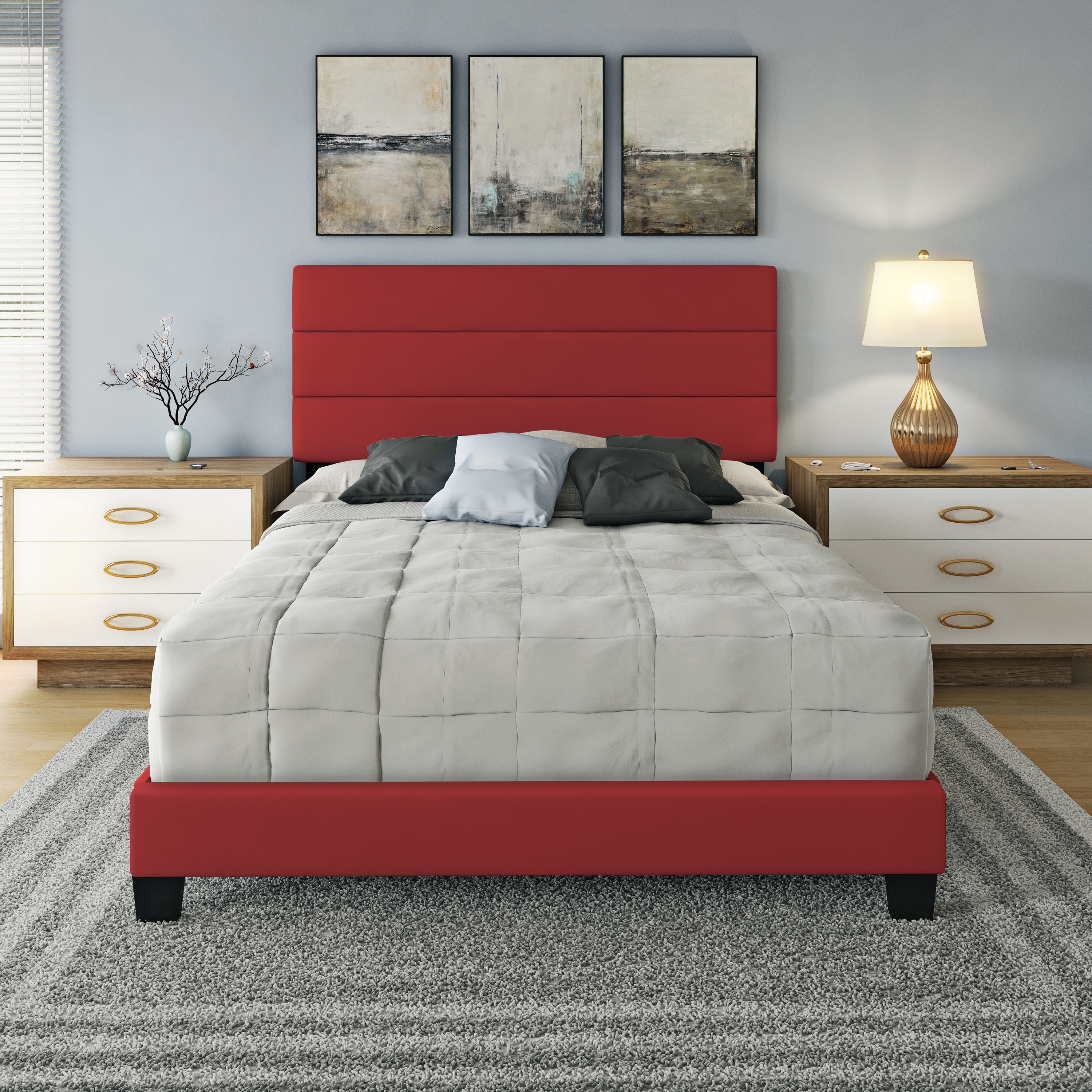 Boyd Sleep HC984402 Piedmont Leatherette Upholstered Tri-Panel Headboard Platform Bed Frame- Strong Wood Slat Support System- No Box Spring Required