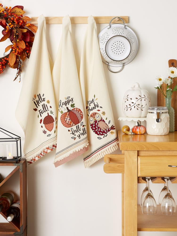 3pk Assorted Welcome Fall Embellished Dishtowels Beige - Design