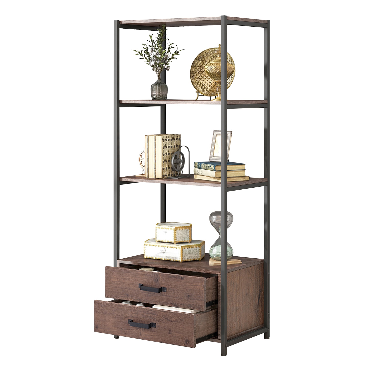 Mondawe MA-N25173BK Brown Metal 4-Shelf Bookcase (23.6-in W x 59.8-in H x 15.7-in D)