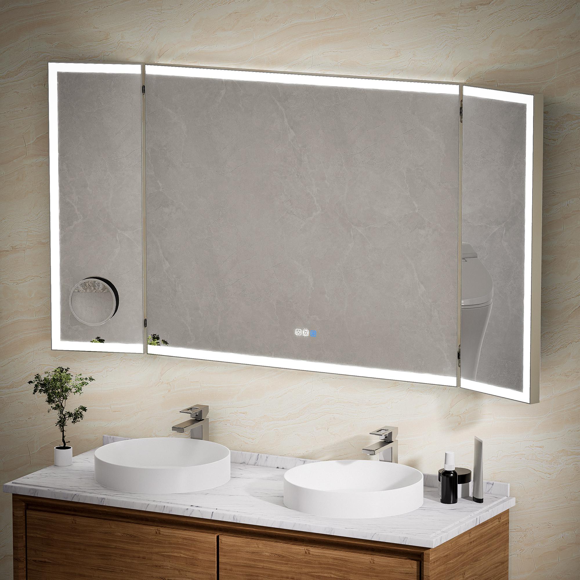 Bayfeve BFXB-9V6636-MIR Tri-Fold Lighted Vanity Mirror 66-in x 36-in Beveled Rectangle Dimmable LED Lighted Fog Free Bathroom Vanity Mirror ( Silver )