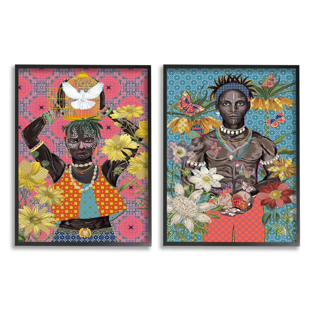 Male Figures with Florals Over Geometric Patterns Sangita Bachelet Framed 20-in H x 16-in W People Wood Print | - Stupell Industries A2-078-FR-2PC-16X20