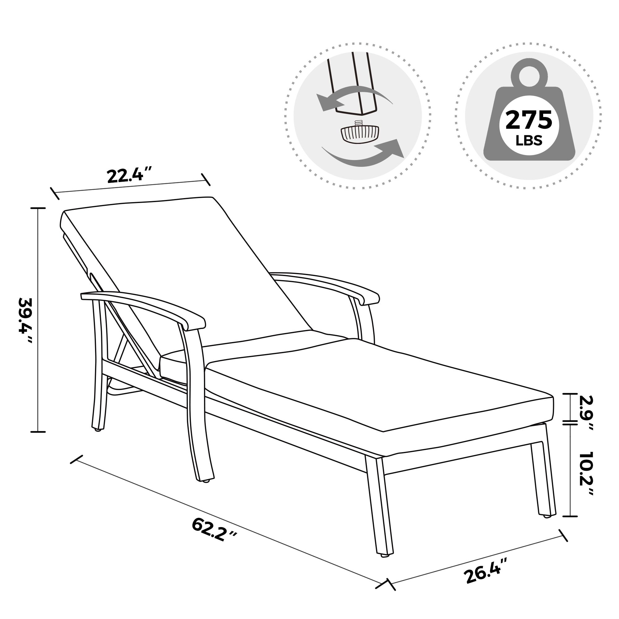 Gray Aluminum Frame Outdoor Chaise Lounge with Cushions, Set of 2