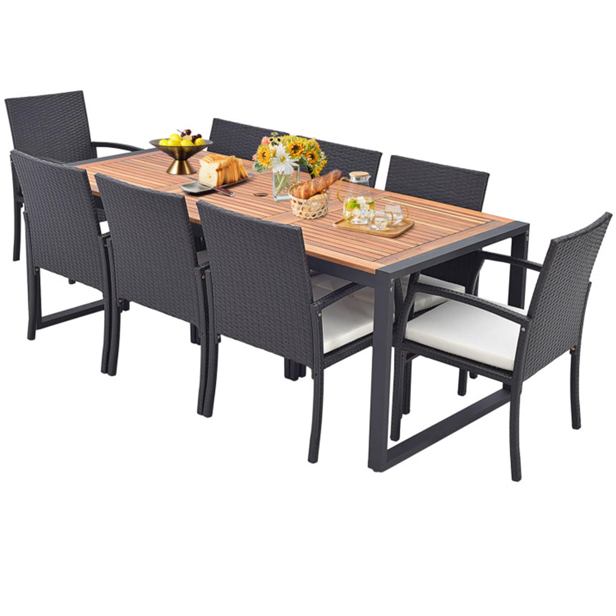 BABOOM BOM-70830-4-CO Outdoor Dining Furniture Sets 9 -Piece Mix Brown Rattan Patio Dining Set Wood Rectangle Table with 8 Off-white Cushions Stationary Chairs