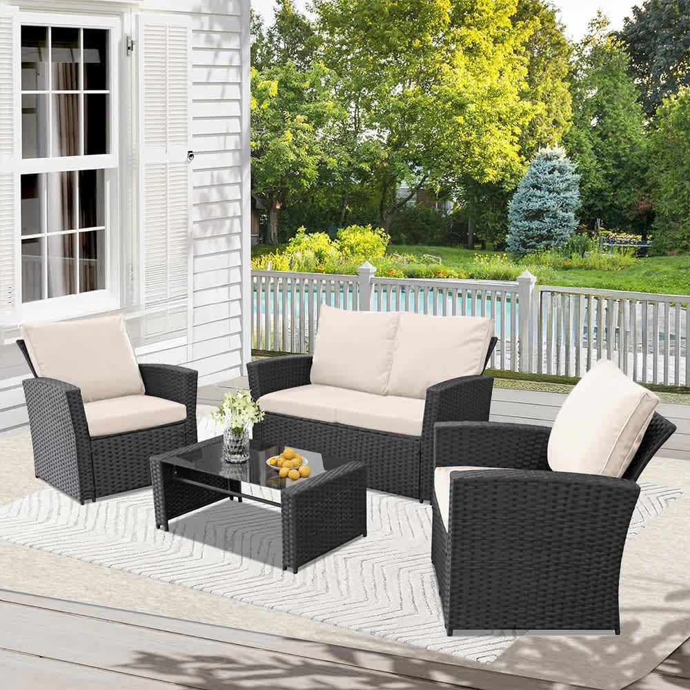JUJABU 4 Pieces Black Wicker Patio Conversation Sofa Furniture Set with White Cushions for Garden Patio and Ourdoor #CONSET-4