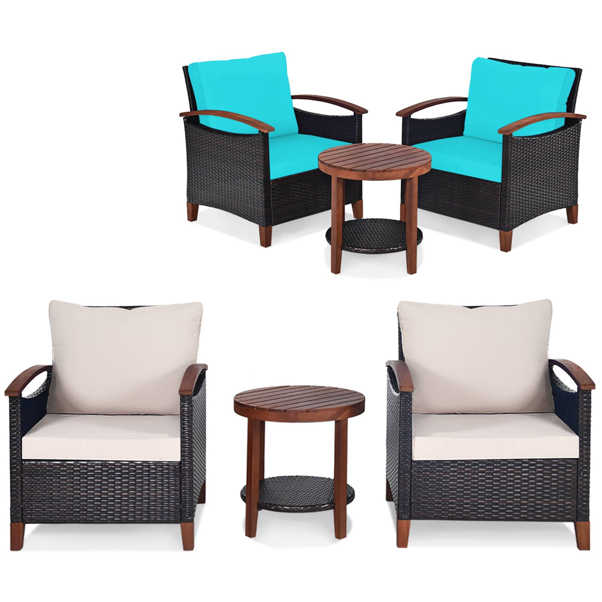 3 Pieces Patio Wicker Furniture Set with 2-Tier Side Table and Cushioned  Armchairs - Costway