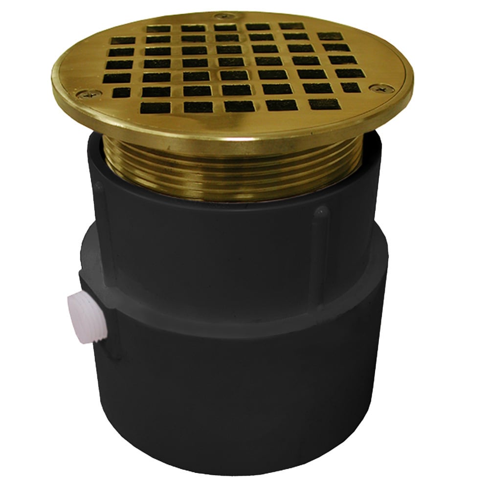 Jones Stephens D53047 4-in PVC Over Pipe Fit General Purpose Drain Base with 3-1/2-in Metal Spud and 5-in Polished Brass Round Strainer