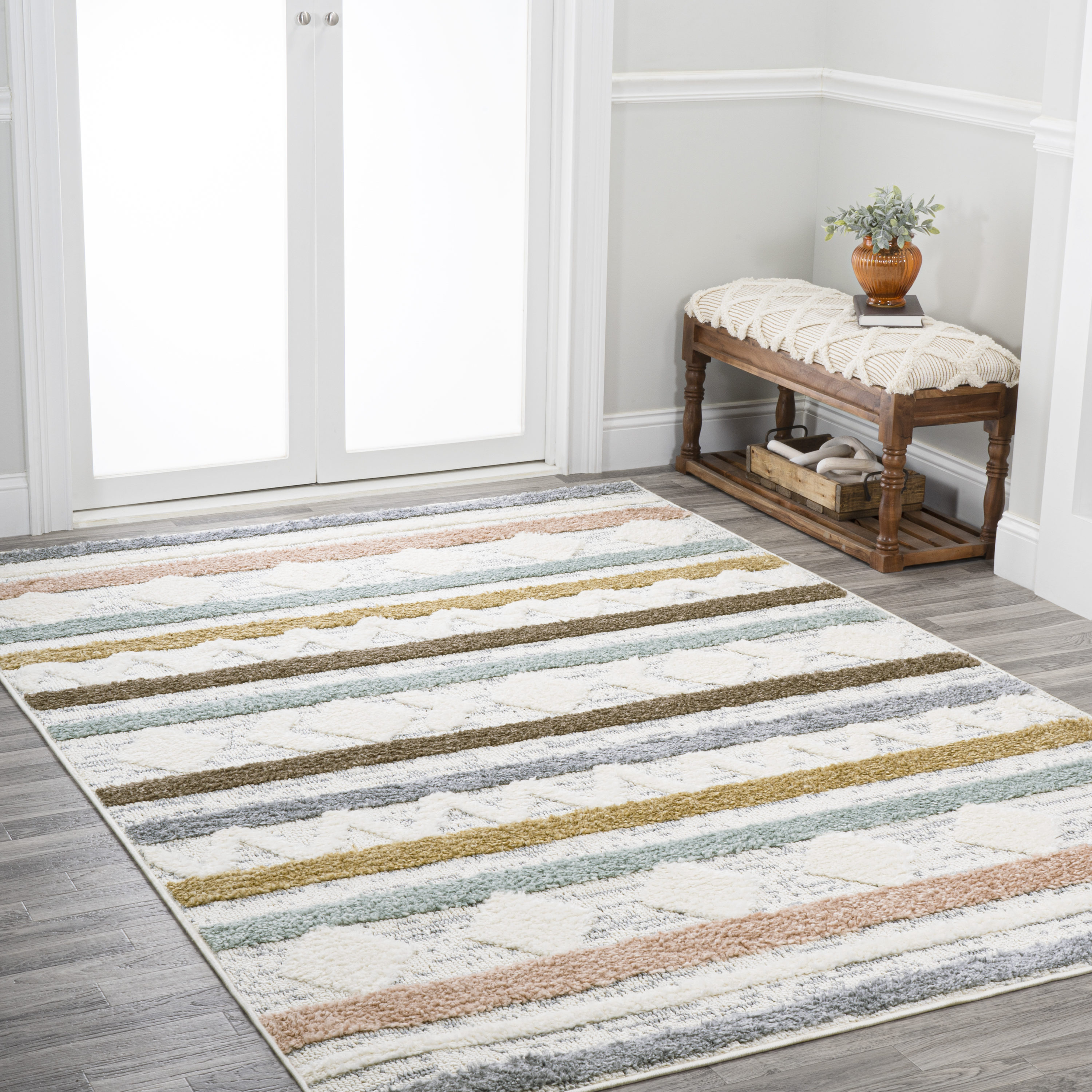 Gray and Multicolor Striped Synthetic 4' x 6' Area Rug