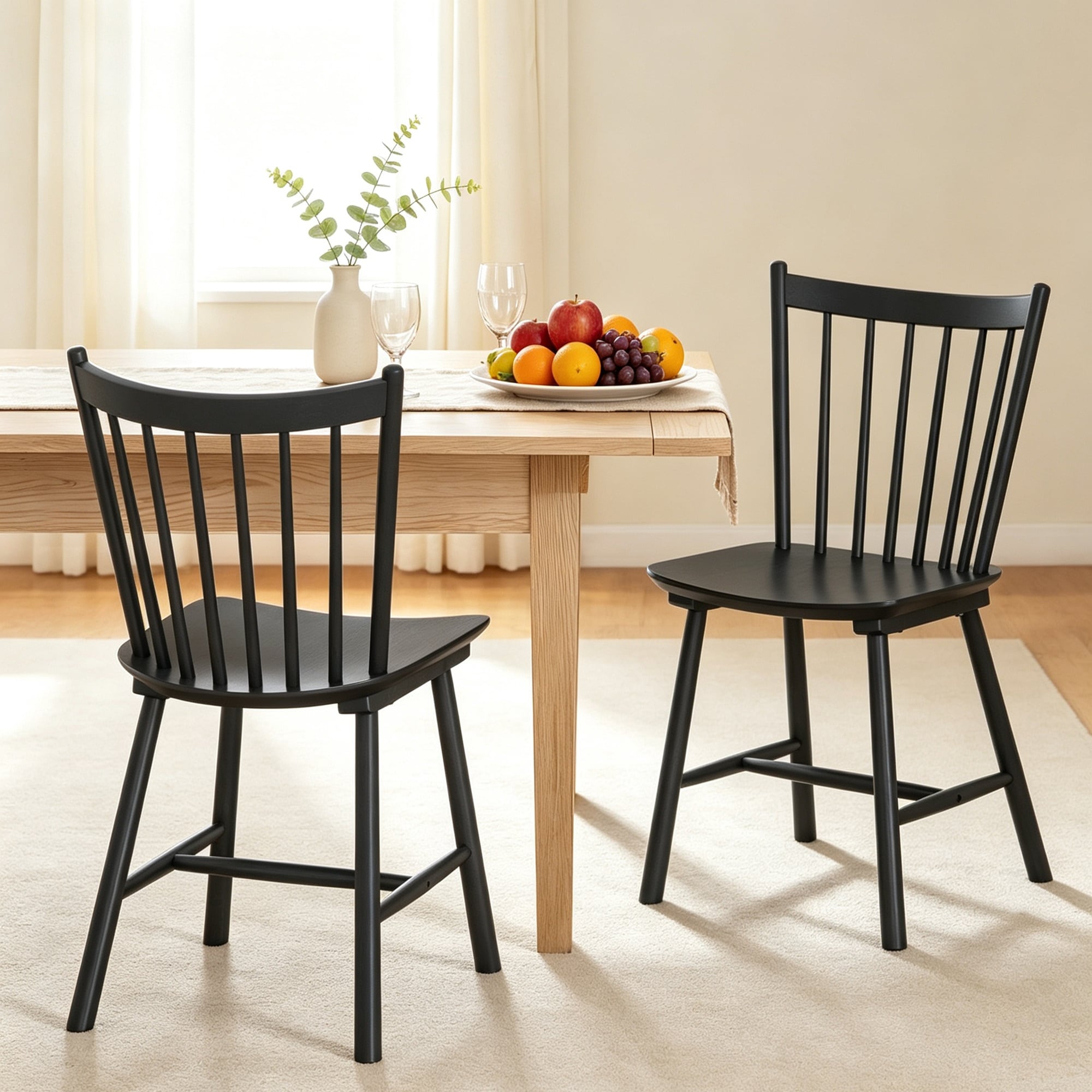 Hosworth -  Windsor Dining Chairs Set of 2 Farmhouse Wooden Spindle Back Kitchen Chairs Black