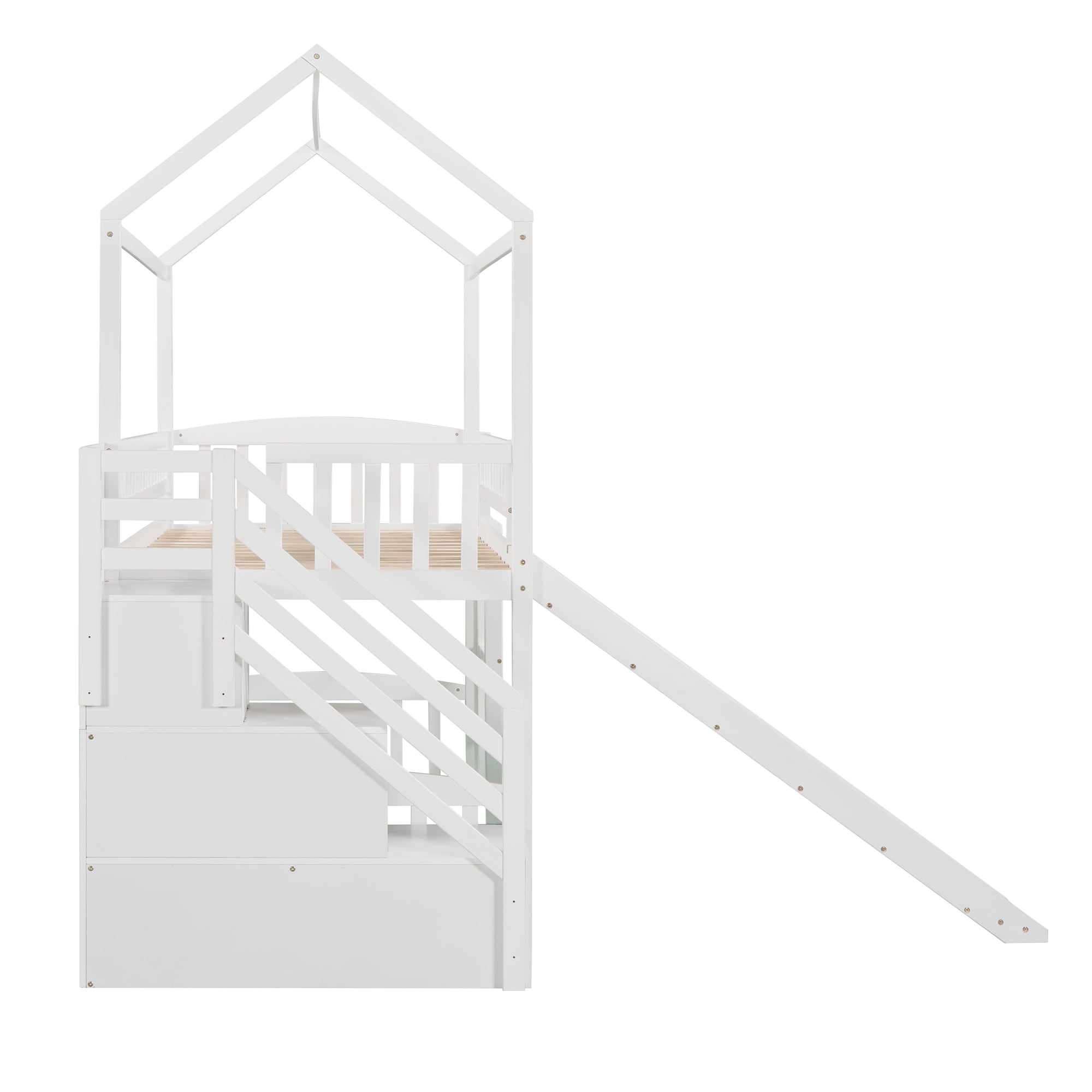 Qualler White Twin Size Loft Bed House Bed with 2-Drawers and Slide in ...