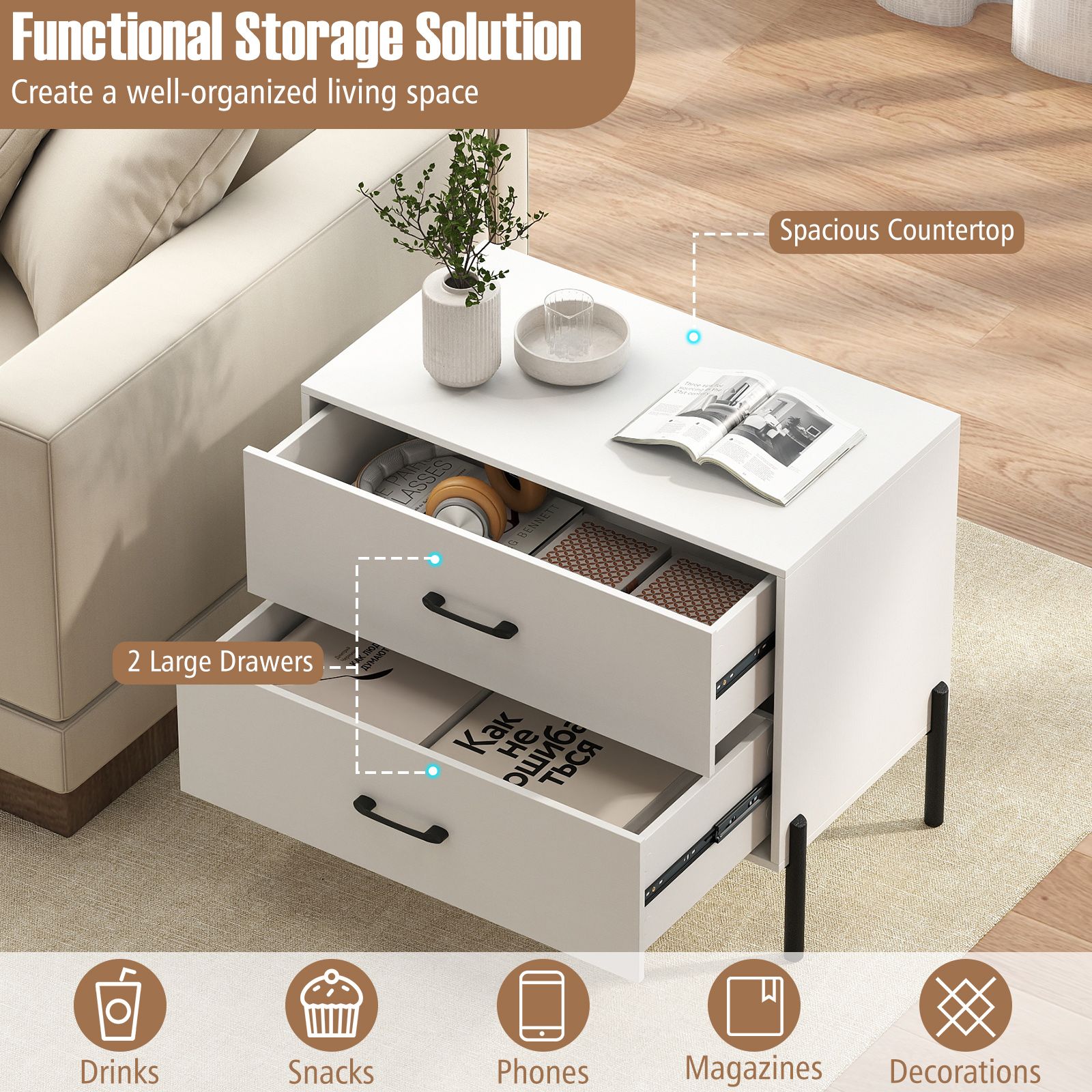 Image showcasing Slickblue Modern White Wooden Nightstand with Metal Legs and 2 Storage ...