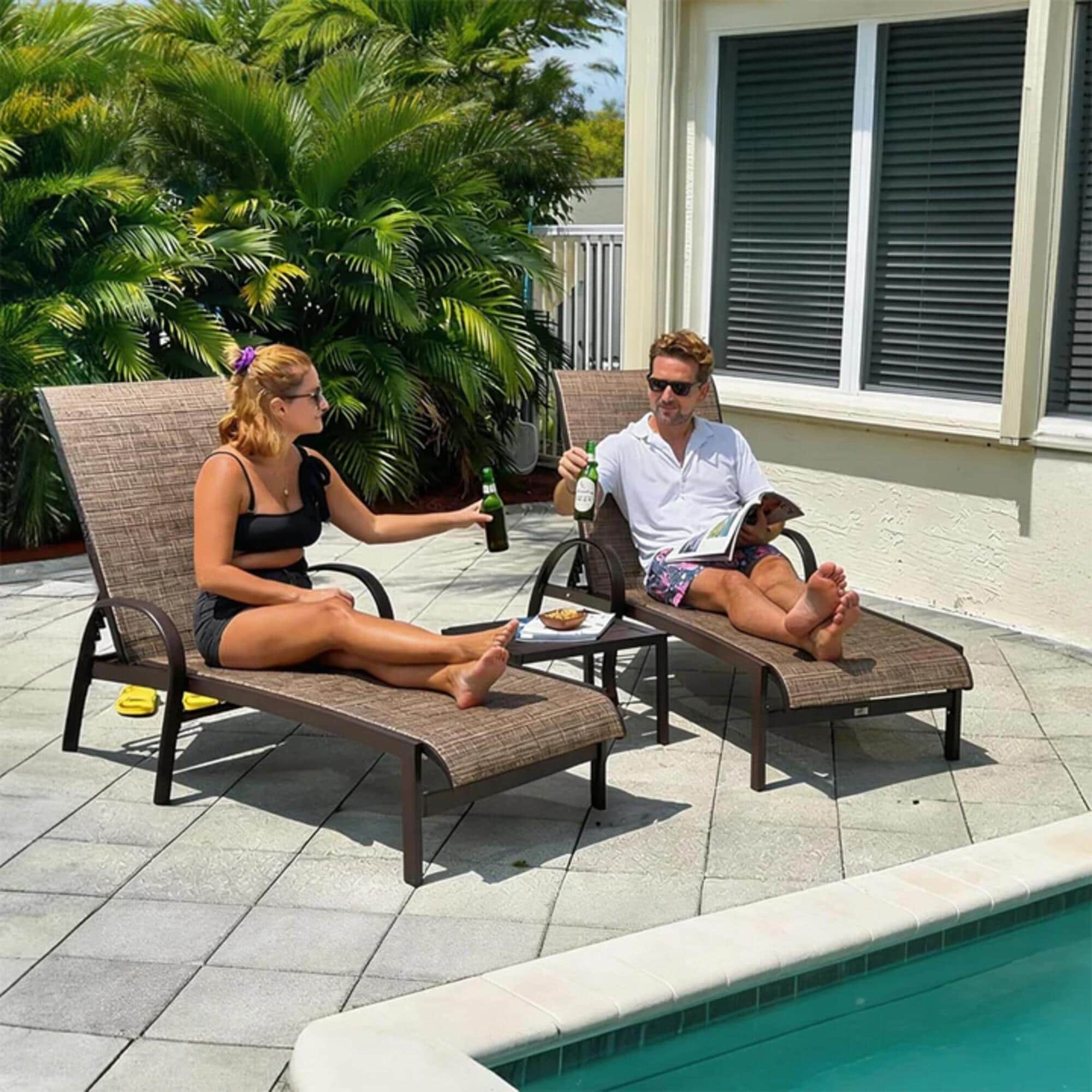 PURPLE LEAF LS03-CLSBK-BN Chaise Lounge Set of 2 Stackable Brown Aluminum Frame Stationary Chaise Lounge Chair with Brown Mesh Seat