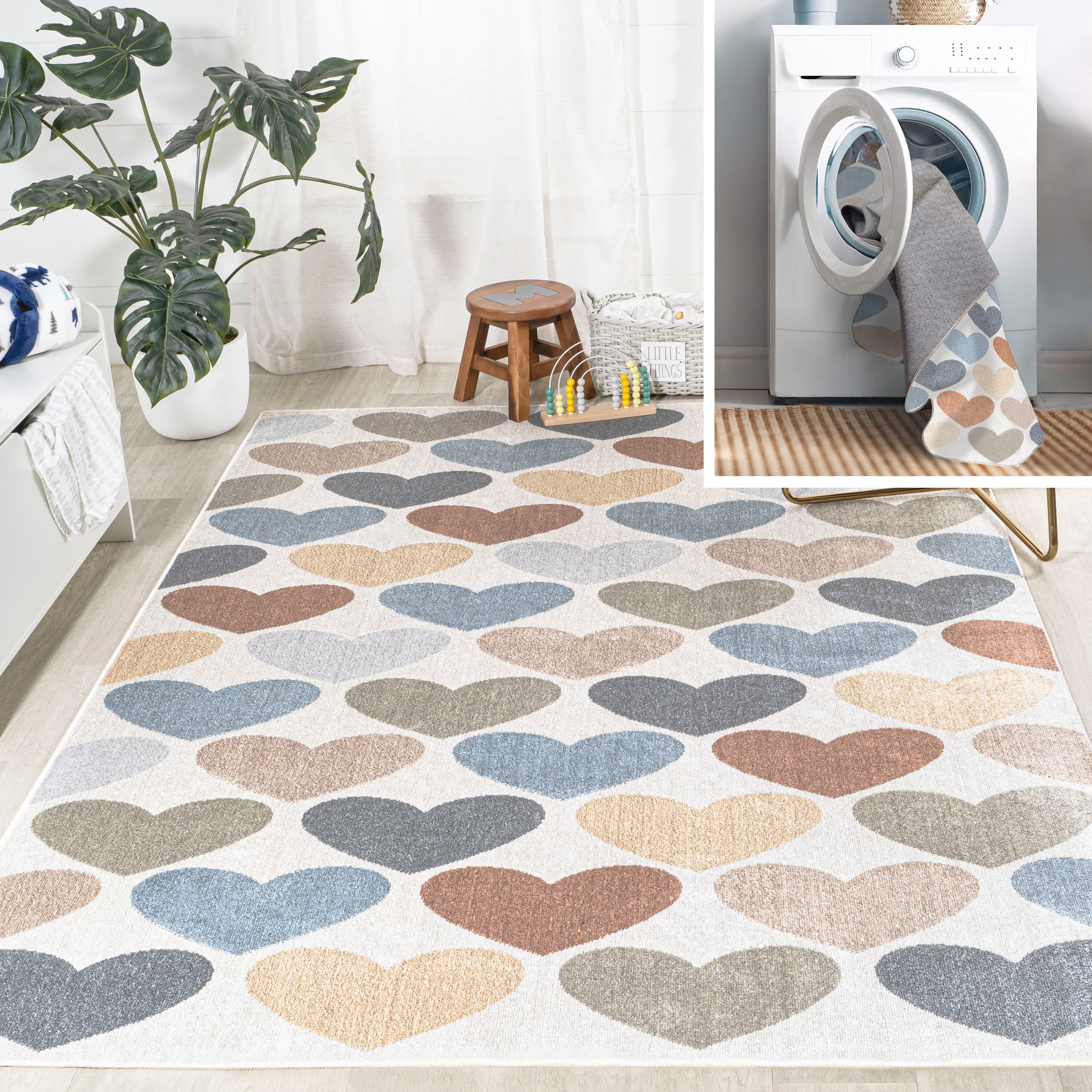 JONATHAN  Y KDW101A-8 Kids Machine-Washable Dila Modern Hearts Geometric 8 x 10 (ft) Loomed Polyester Ivory/Blue/Orange Rectangular Indoor Trellis Bohemian/Eclectic Machine washable Area rug
