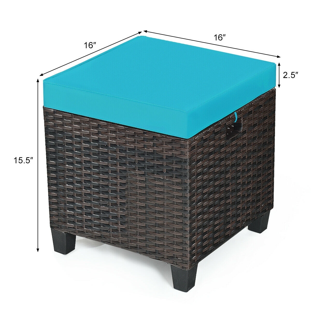Turquoise Cushioned Rattan Patio Ottoman Set with Steel Frame