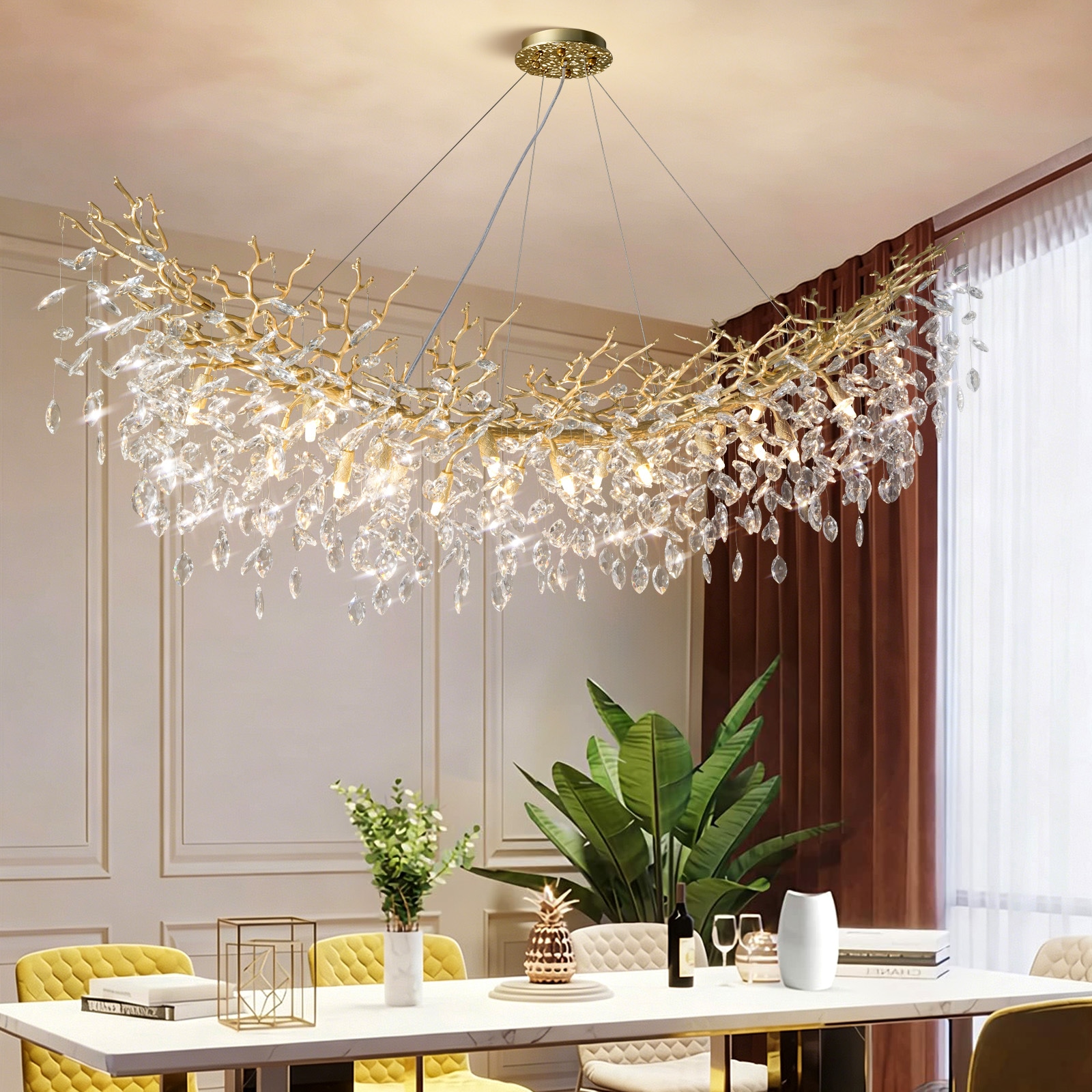 Gleam Flare 72in Gold Crystal Chandelier 20-Light Tree Branch Chandelier Modern Rectangular K9 Crystal Raindrop Light Fixture for Dining Room Living Room Foyer Entryway Kitchen Bedroom