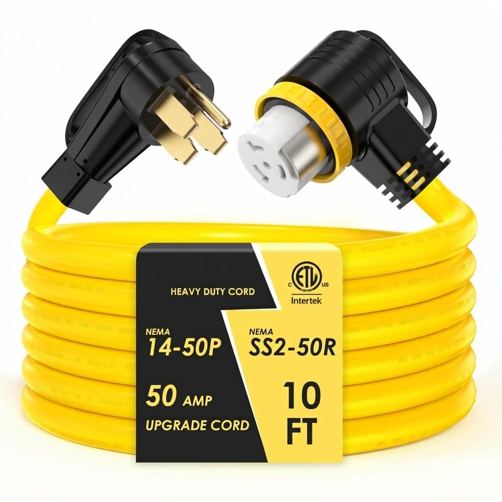 Misopily  10 Feet 50 Amp RV Generator Cord UL Listed Locking Connector NEMA 1450P to SS250R Twist Locking 90 Degree Grip Handle Heavy Duty Copper