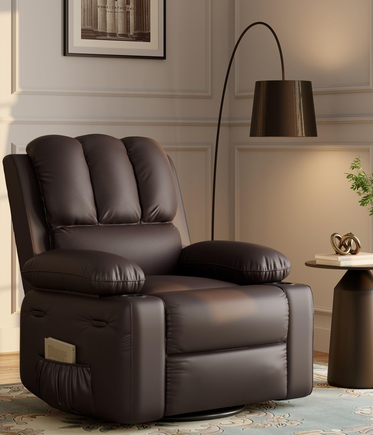 Qeetex LHF-SF-PHO-33844D5K Oversized Recliner Chairs with Heat and Massage - 360 Swivel Lazy Recliner Chair for Adults - Manual Rocking Chair with Cup Holder for Living Rooms/Bedrooms and Nurseries - Coffee
